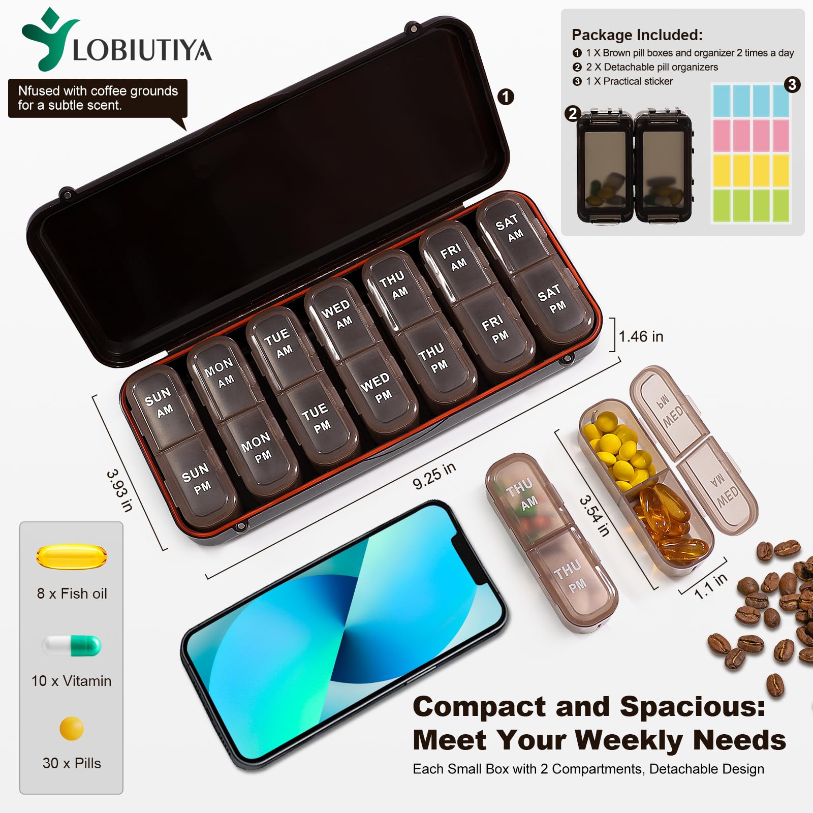 LOBIUTIYA Weekly Pill Organizer 2 Times a Day + 2 Detachable Organizers Kit - AM PM Travel for Vitamin Medicine Supplement Fish