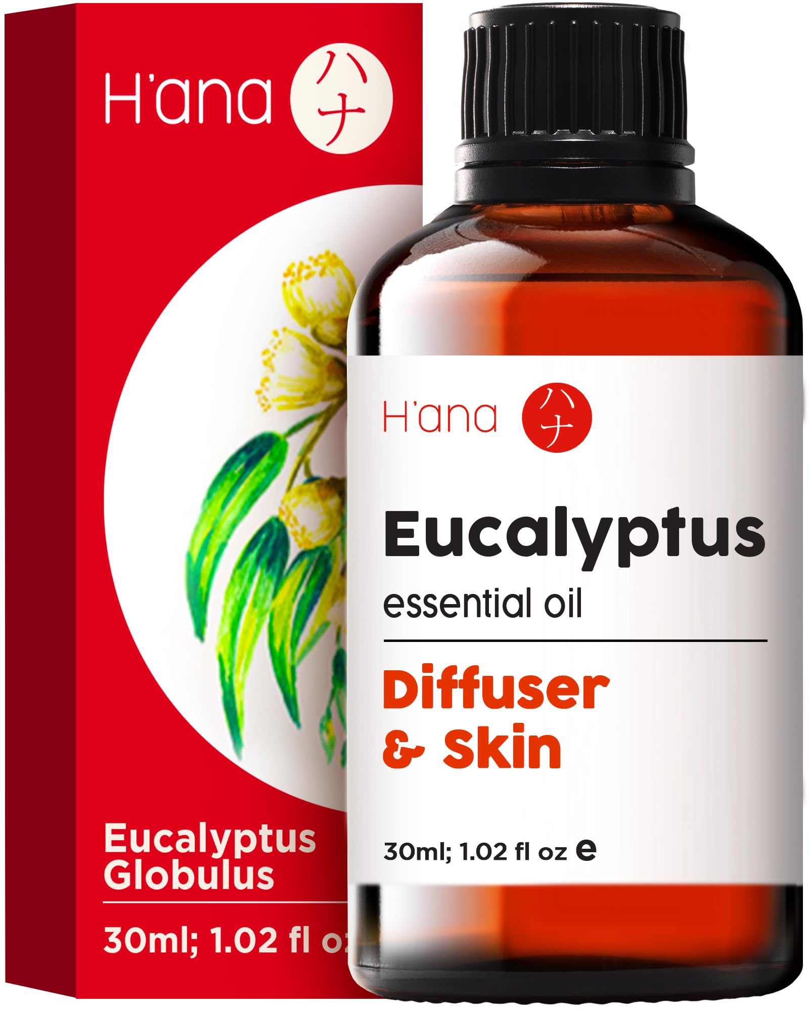 Hana Eucalyptus Essential Oil (1 Fl Oz) Eucalyptus Oil for Diffuser, Skin, Humidifier, Sinus, and Hair - with an Invigorating S