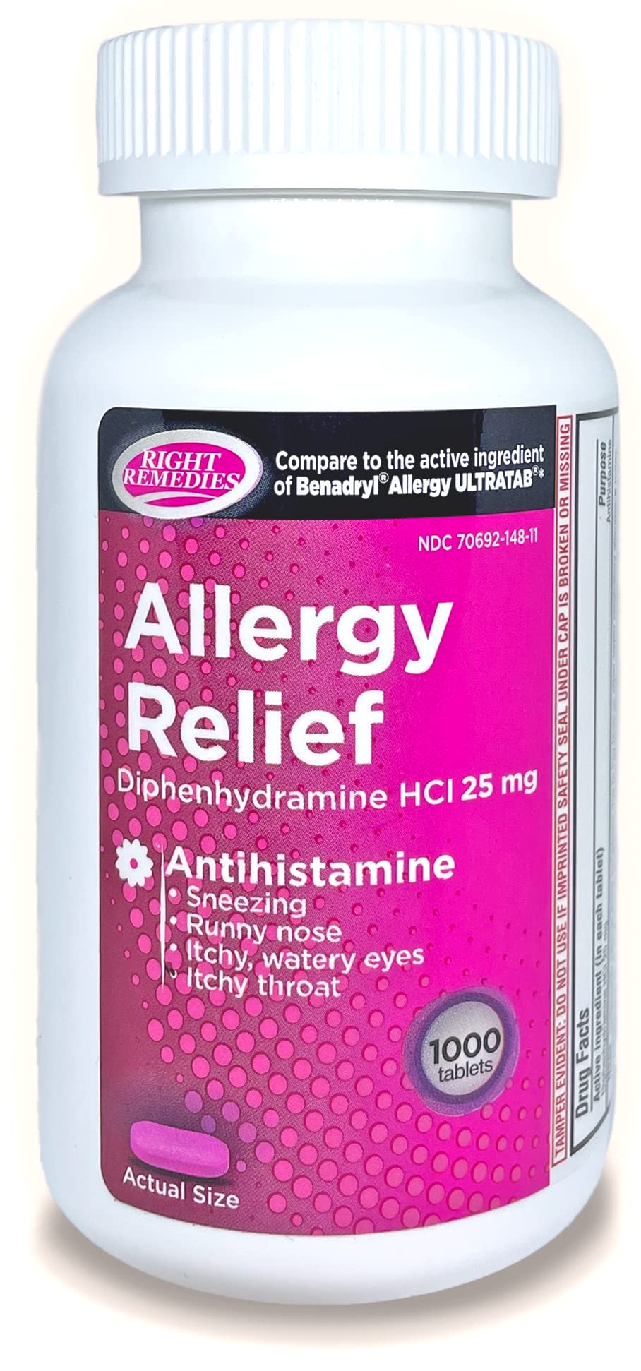 RIGHT REMEDIES Allergy Relief Antihistamine, Diphenhydramine HCl 25mg, Generic Benadryl Ultratabs, Relieves Seasonal Indoor or O