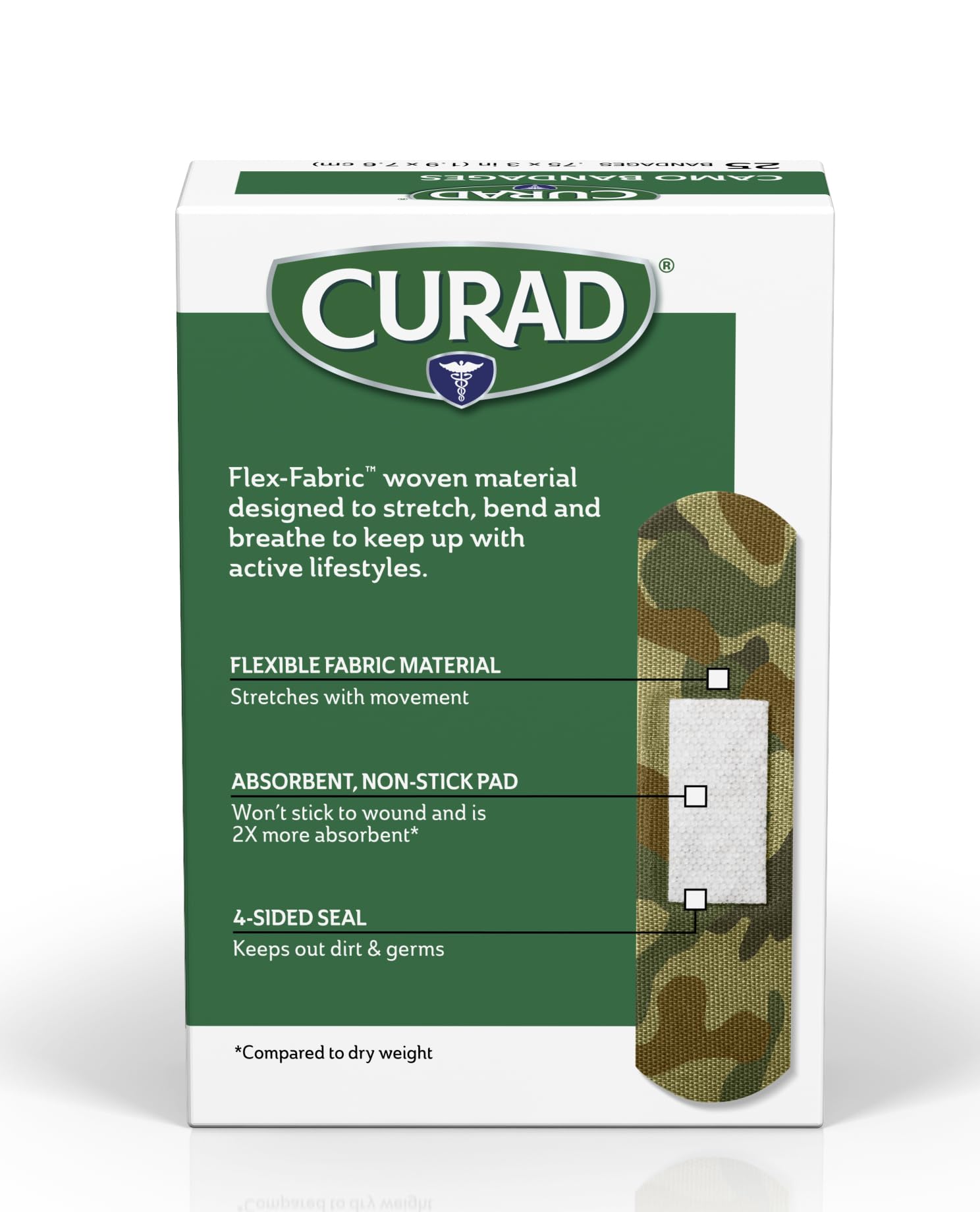 CURAD Green Camo Flex-Fabric Adhesive Bandage, 3/4 x 3, 25 Count
