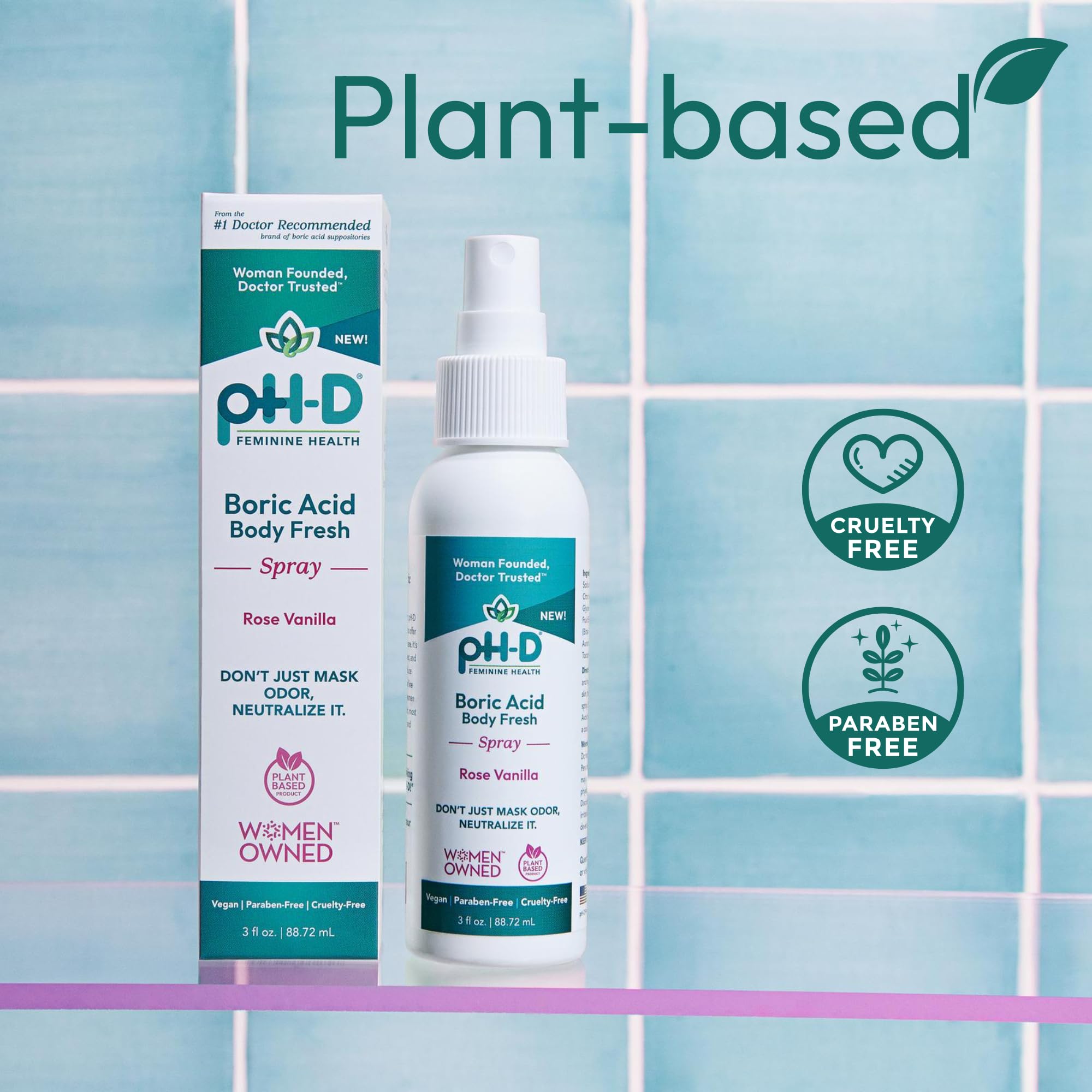 pH-D Feminine Health Support - Boric Acid Body Fresh Spray - Vegan, Paraben-Free, Plant Based - Rose Vanilla Scented - 3oz