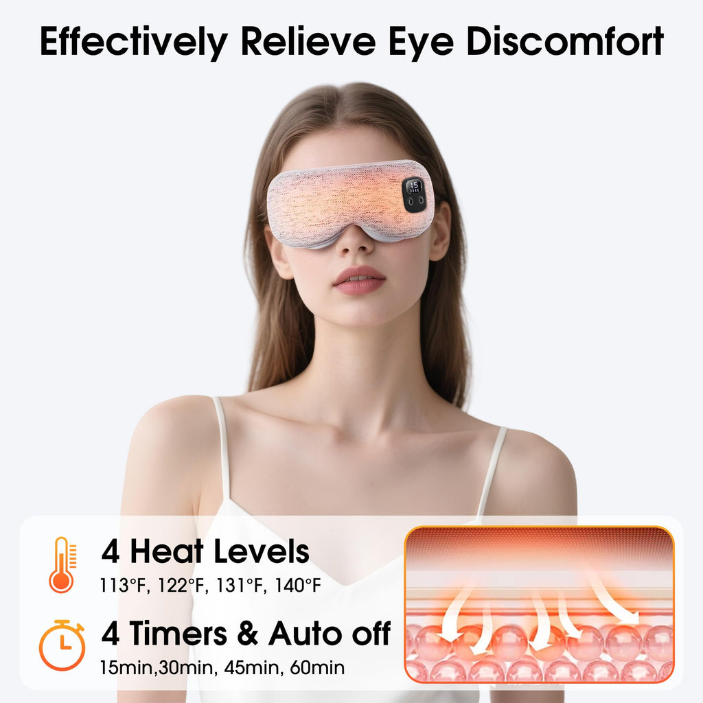 Heated Eye Mask, Cordless Rechargeable Eye Compress, Eye Relief, Improved Sleep, Washable Eye Mask, 4 Heat Levels, 4-Level Timin