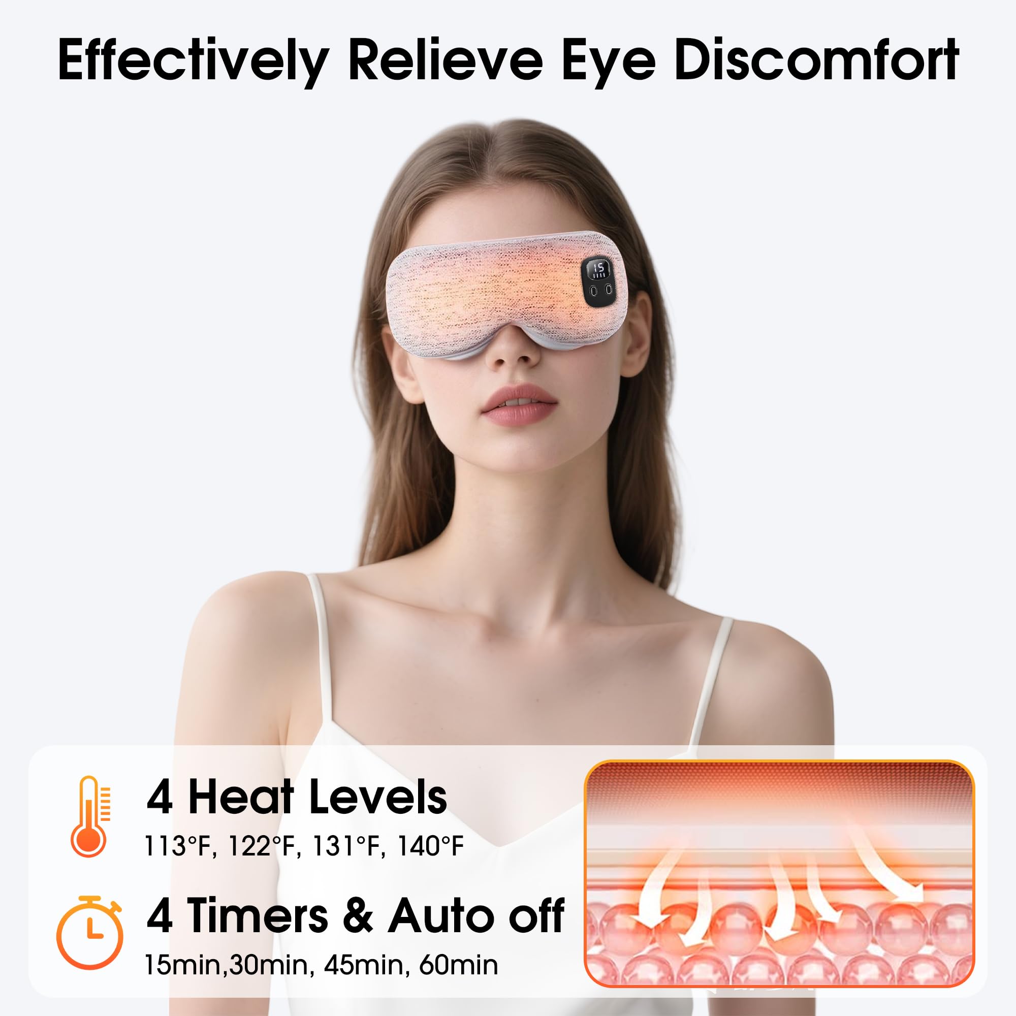 Heated Eye Mask, Cordless Rechargeable Eye Compress, Eye Relief, Improved Sleep, Washable Eye Mask, 4 Heat Levels, 4-Level Timin