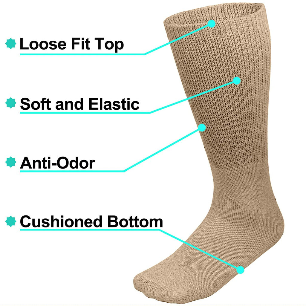 Falari Physicians Approved Diabetic Socks Crew Unisex 3, 6 or 12-Pack (10-13, 12 Pairs Khaki)