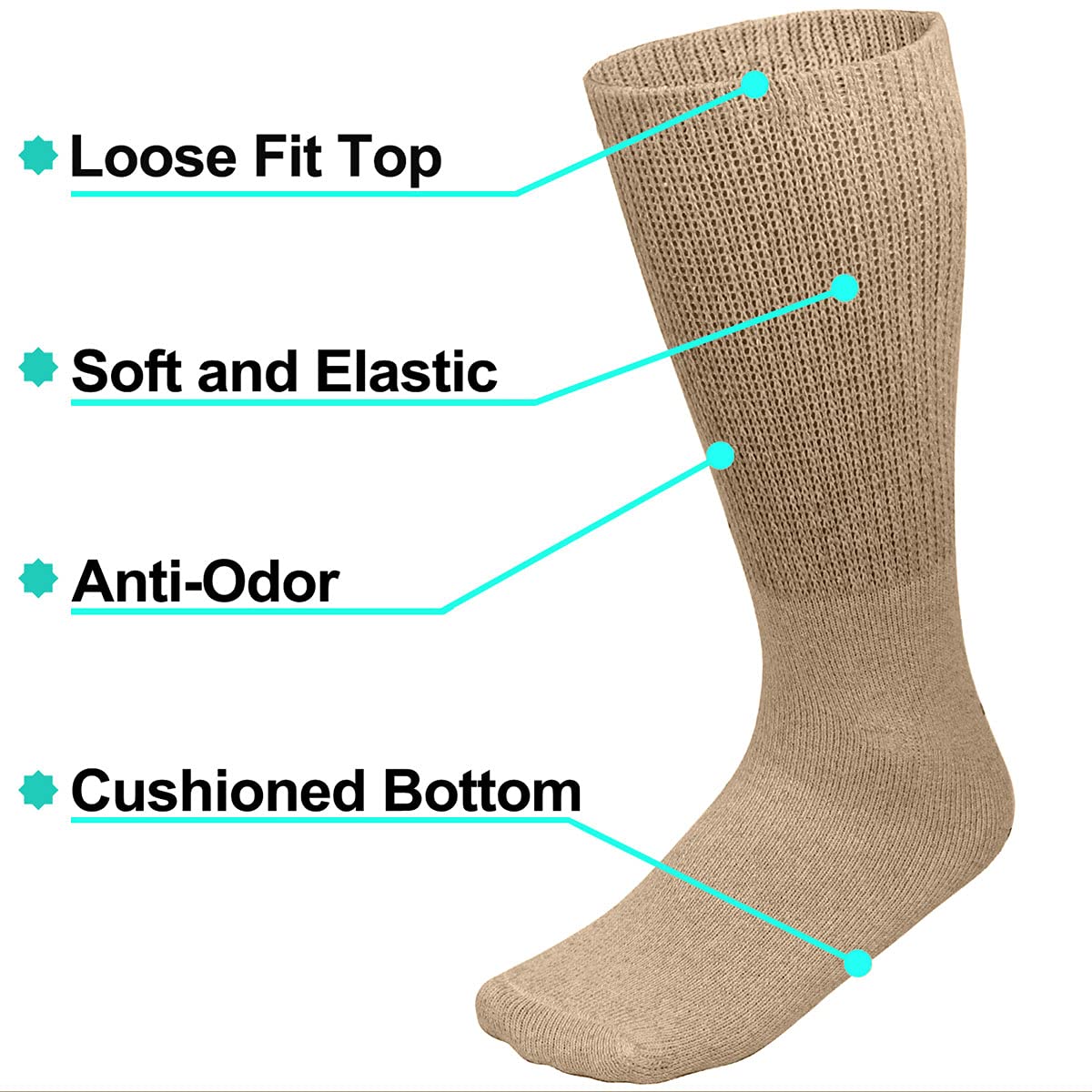 Falari Physicians Approved Diabetic Socks Crew Unisex 3, 6 or 12-Pack (13-15, 12 Pairs Khaki)