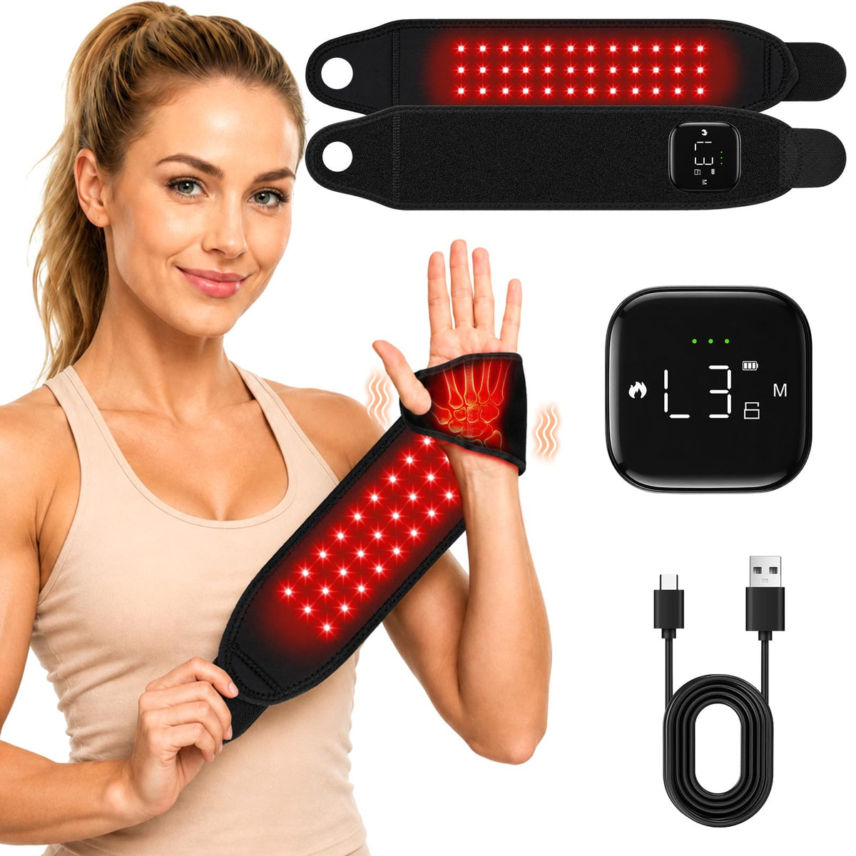 Red Light Therapy Wrist & Hand Wrap, 36 LEDs with Heat Massager