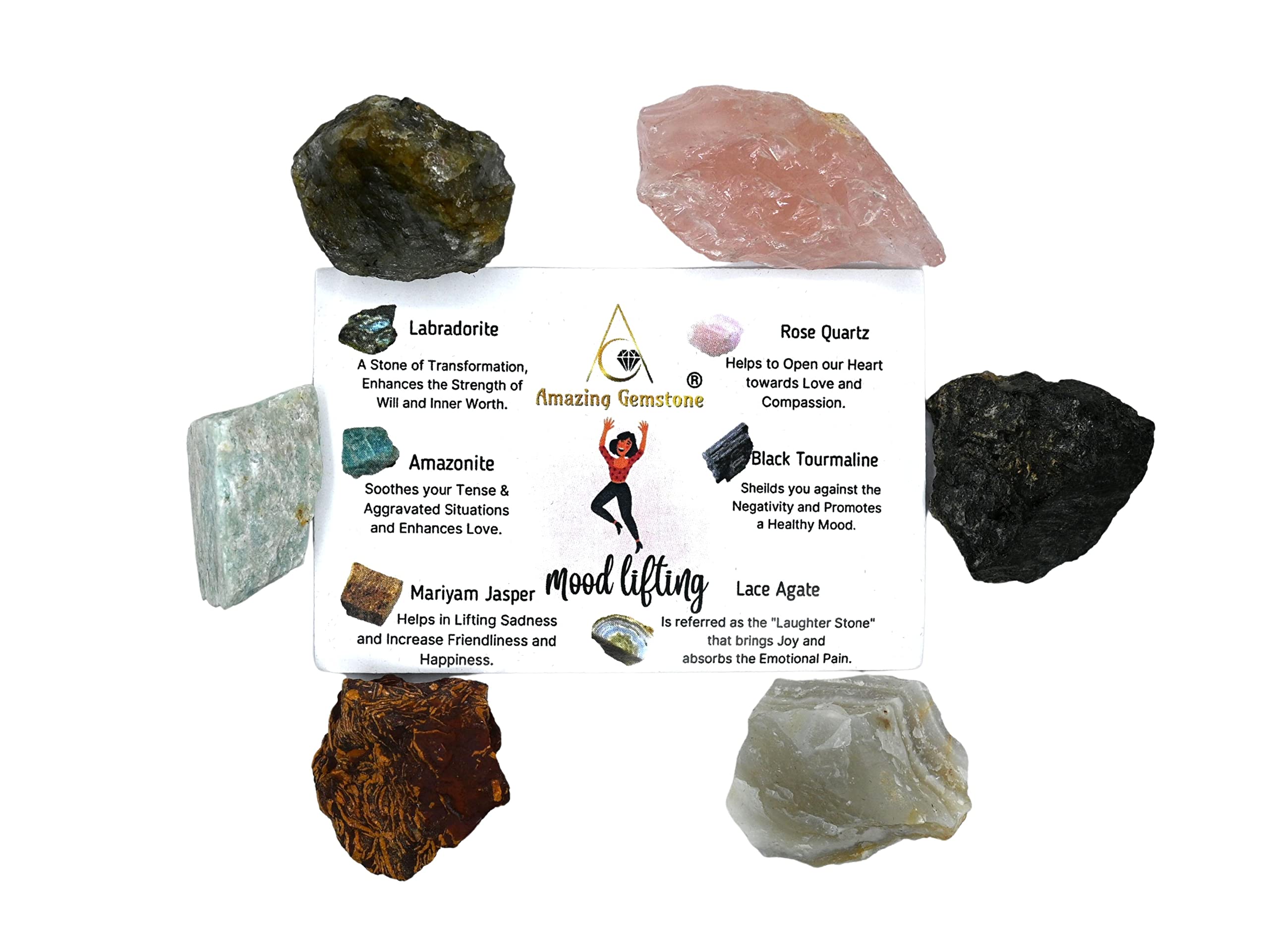 Crystals for Mood Lifting Manifestation, Set of 6 Labradorite, Amazonite, Mariyam Jasper, Rose Quartz, Black Tourmaline and Lace
