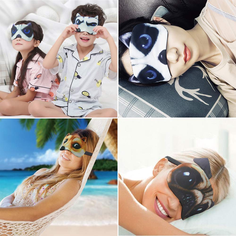 HYCLES 4 Pack Cartoon Animal Cute Sleep Eye Mask with Adjustable Strap Relaxed Sleeping Blackout Cat Dog Eye Cover Eyeshade for