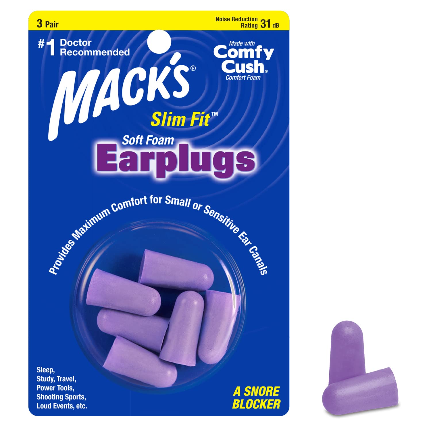 Macks Slim Fit Soft Foam Earplugs, 3 Pair - Small Ear Plugs for Sleeping, Snoring, Traveling, Concerts, Shooting Sports & Power