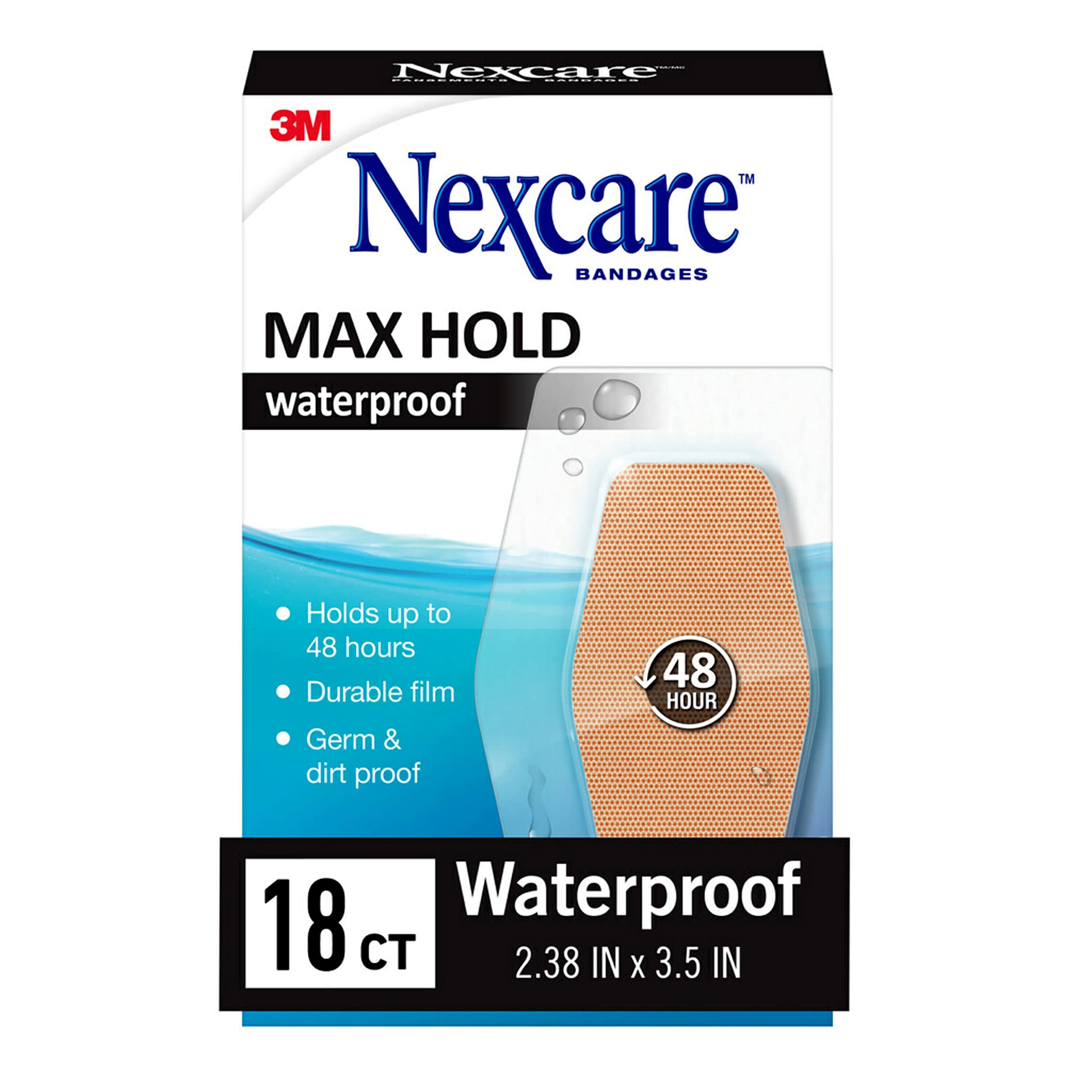 Nexcare Max Hold Waterproof Bandages, Stays On for 48 Hours, Flexible Bandages for Fingers, Knees and Elbow - 18 Pack Clear Wate