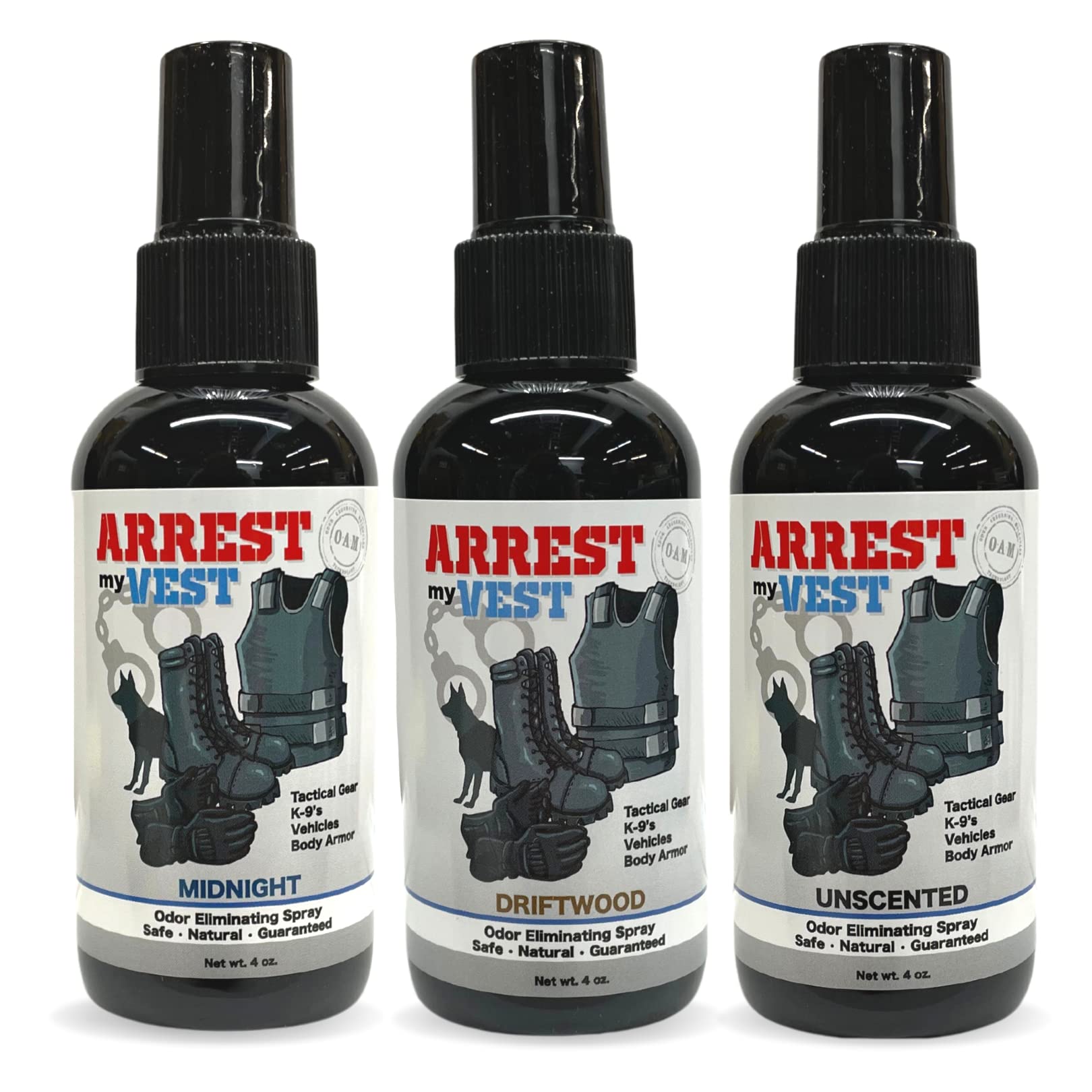 Arrest My Vest Military and Police Grade Odor Eliminating Spray for Body Armor Odor, Tactical Gear. Safe on K9s. Triple Pack of