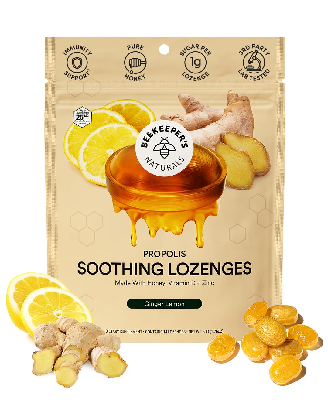 Beekeepers Naturals Soothing Honey Ginger Lemon Cough Drops - Immune Support with Vitamin D, Zinc and Propolis Throat Soothing 
