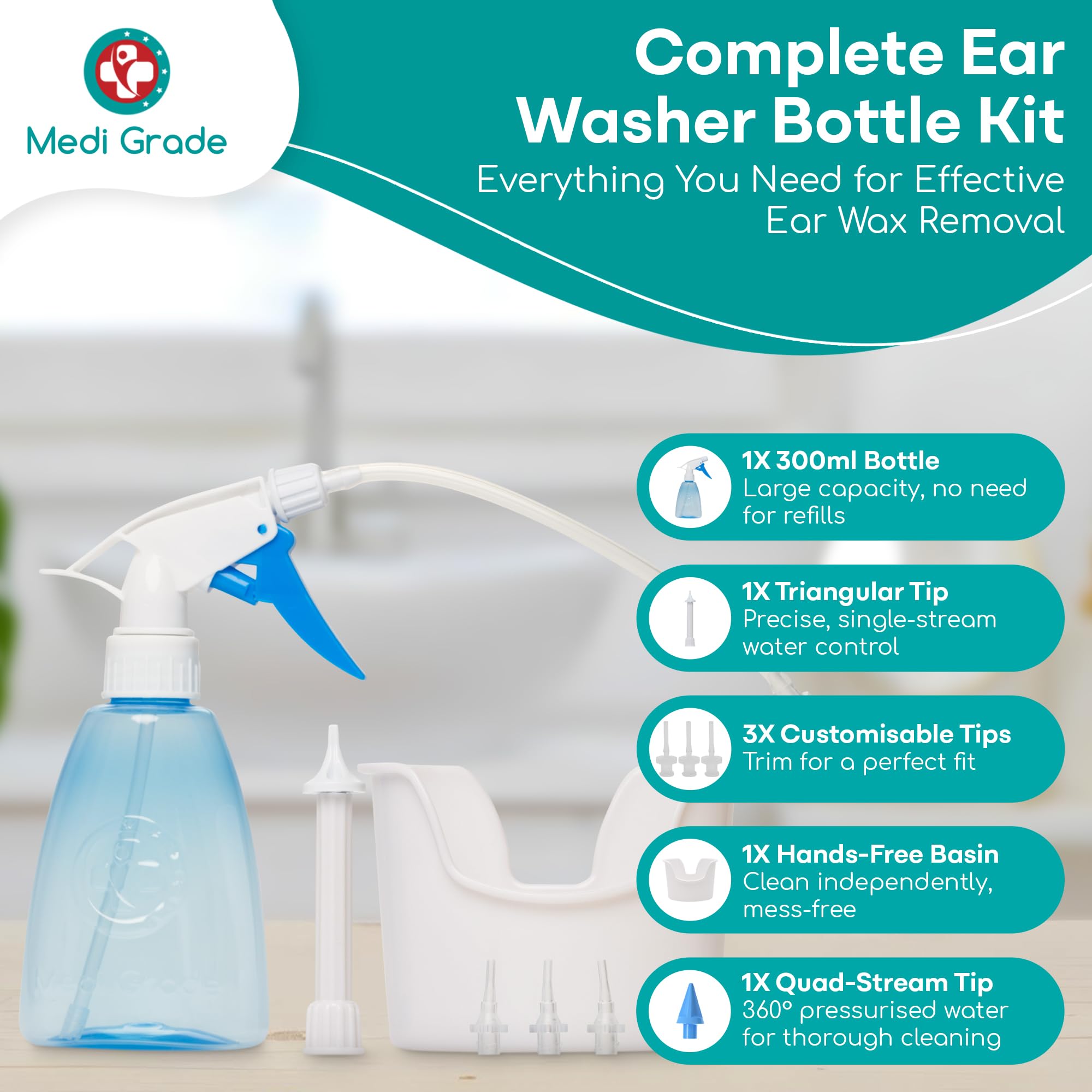 Medi grade Earwax Removal Kit, 10 oz Bottle - Ear cleaner Ear Wax Remover with 2x Spray Nozzles clean Ears & control cerumen Nat