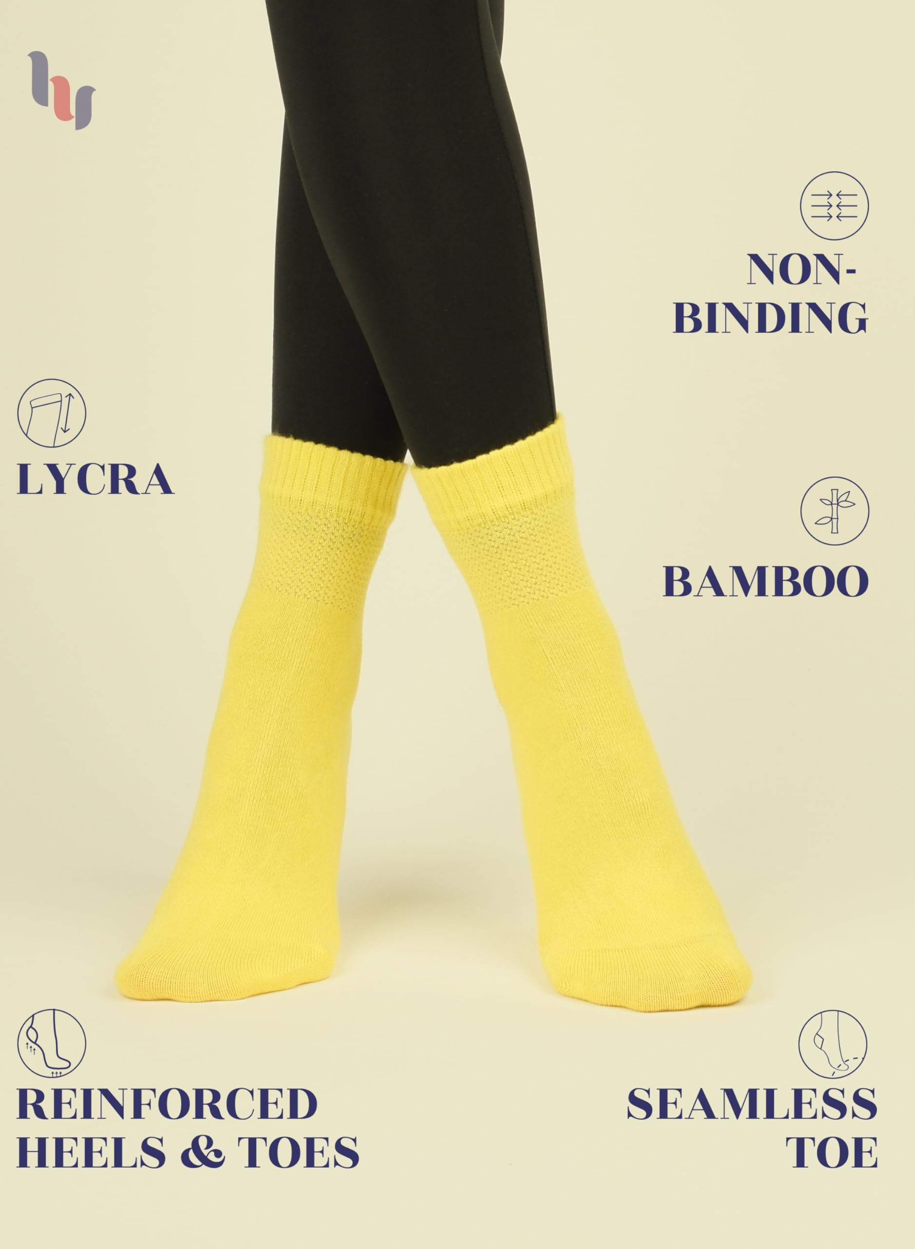 Hugh Ugoli Women Diabetic Ankle Socks, Super Soft & Thin Bamboo Socks, Wide & Loose, Non-Binding Top & Seamless Toe, 4 Pairs, Ye