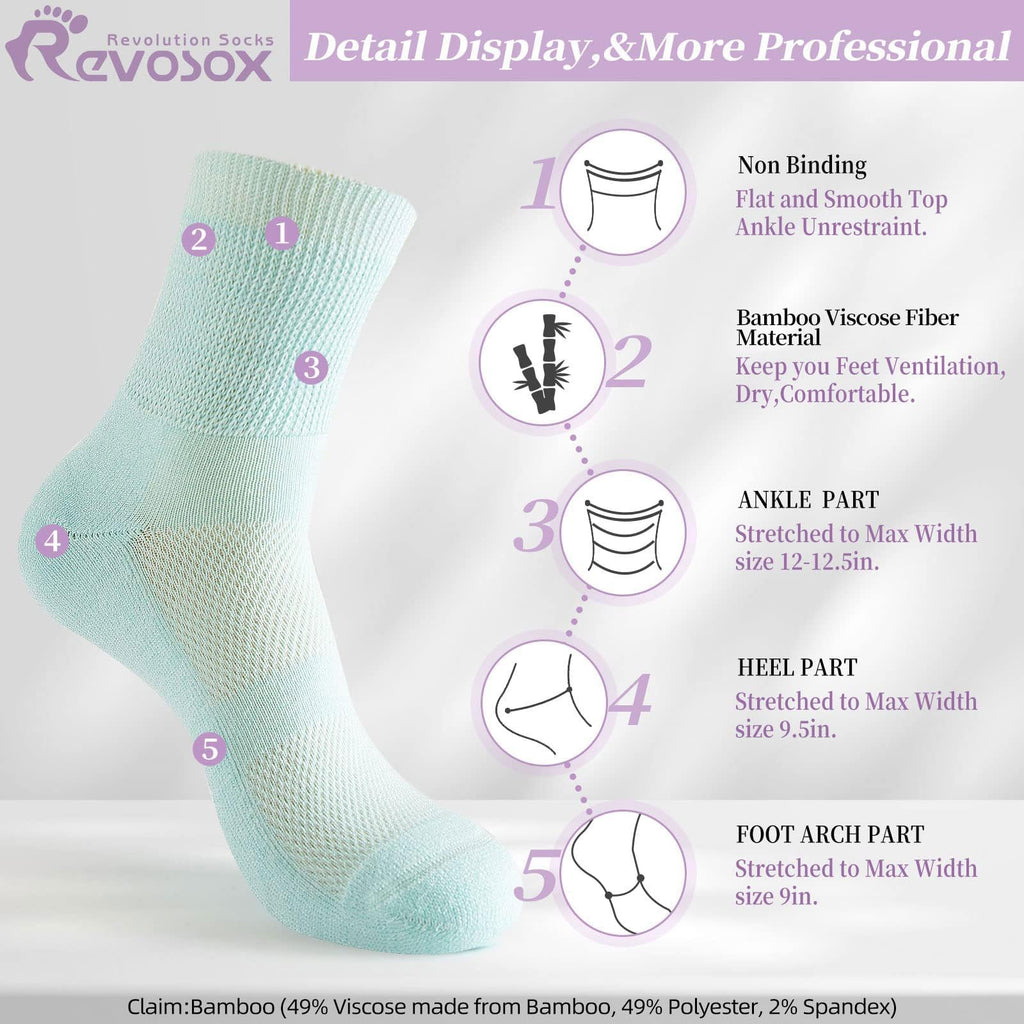 Revosoxs Diabetic Socks for Women Men,5 Pairs Bamboo Viscose Non Binding Diabetic Ankle Wide Seamless Socks 6-9 9-12(Black-Large