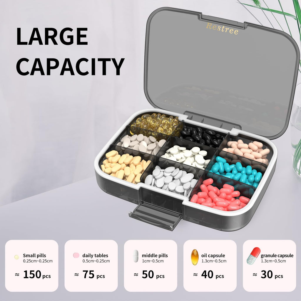 Restree Large Pill Organizer, Portable Pill Dispenser, Moisture-Proof Travel Pill Case for Vitamin, Medicine, Fish Oil/Supplemen