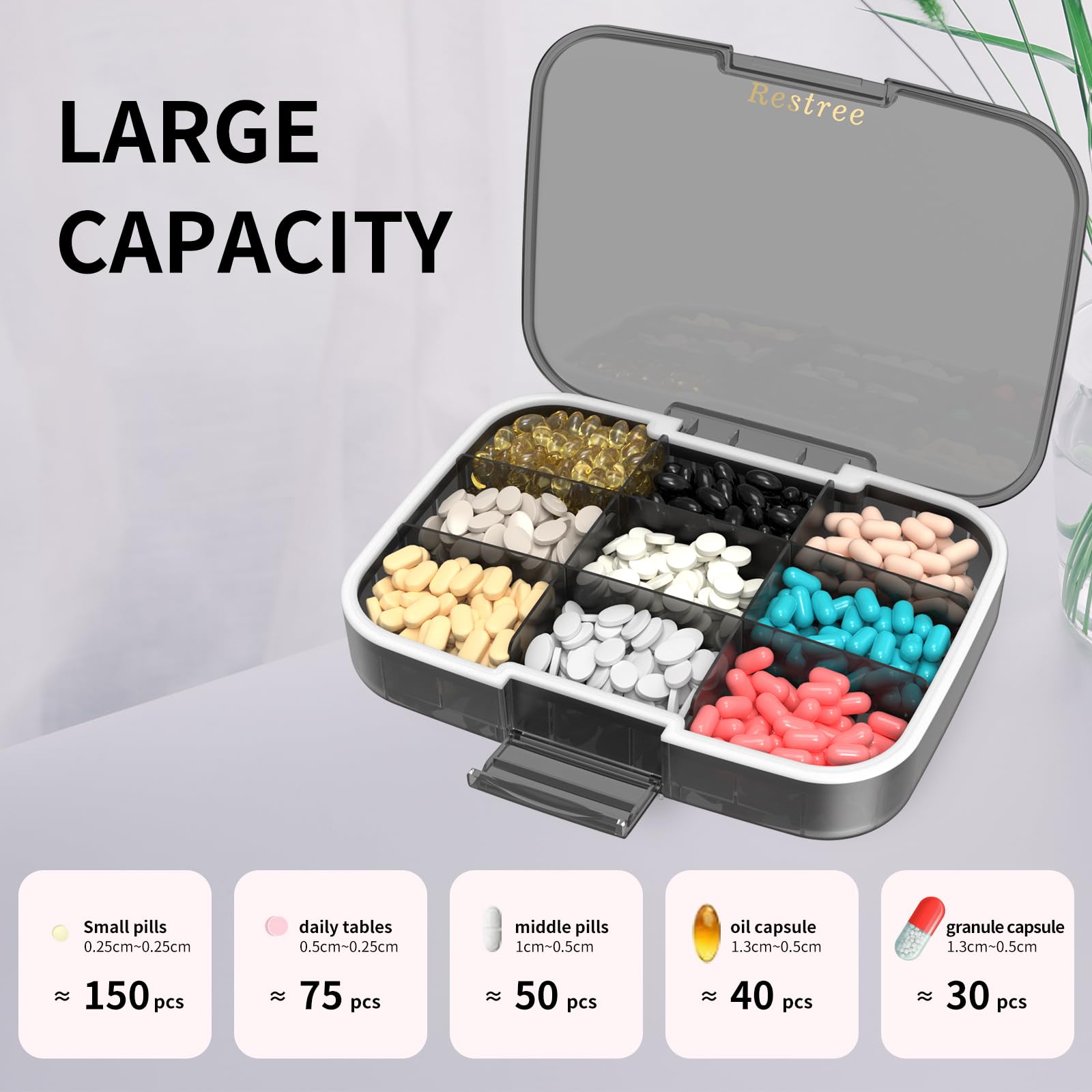 Restree Large Pill Organizer, Portable Pill Dispenser, Moisture-Proof Travel Pill Case for Vitamin, Medicine, Fish Oil/Supplemen