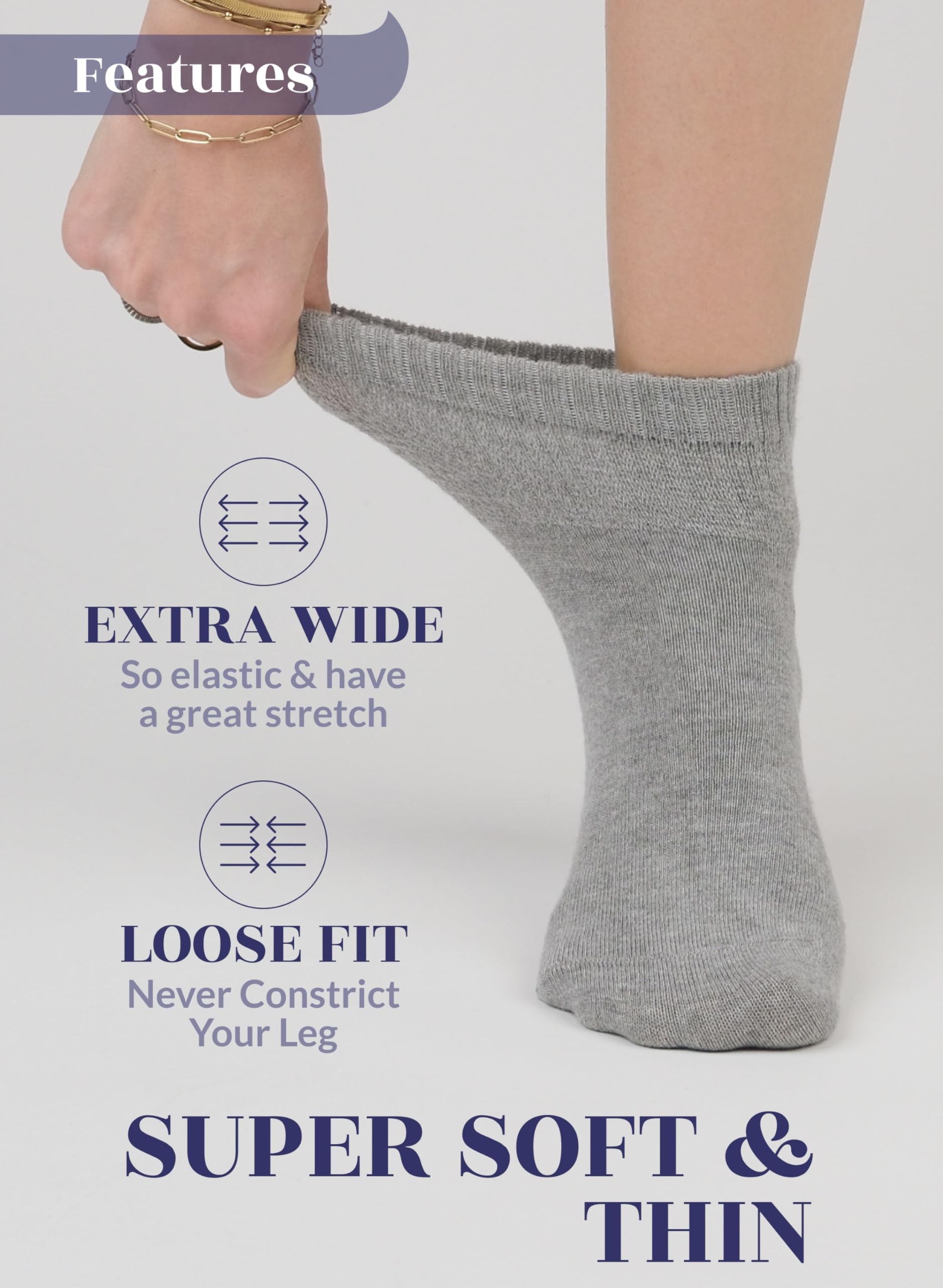 Hugh Ugoli Women Diabetic Ankle Socks, Super Soft & Thin Bamboo Socks, Wide & Loose, Non-Binding Top & Seamless Toe, 4 Pairs, Li