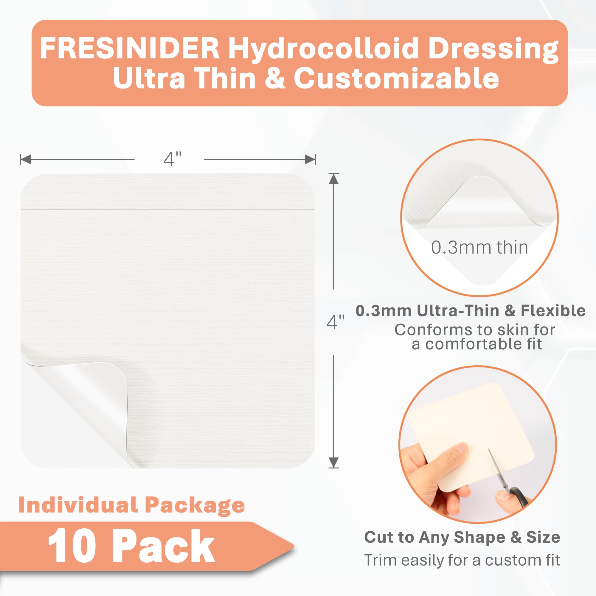 FRESINIDER Hydrocolloid Wound Dressing 4 x 4 - 10 Pack Ultra Thin Self-Adhesive Bandages for Wound Care, Bed Sores, Acne, Bliste