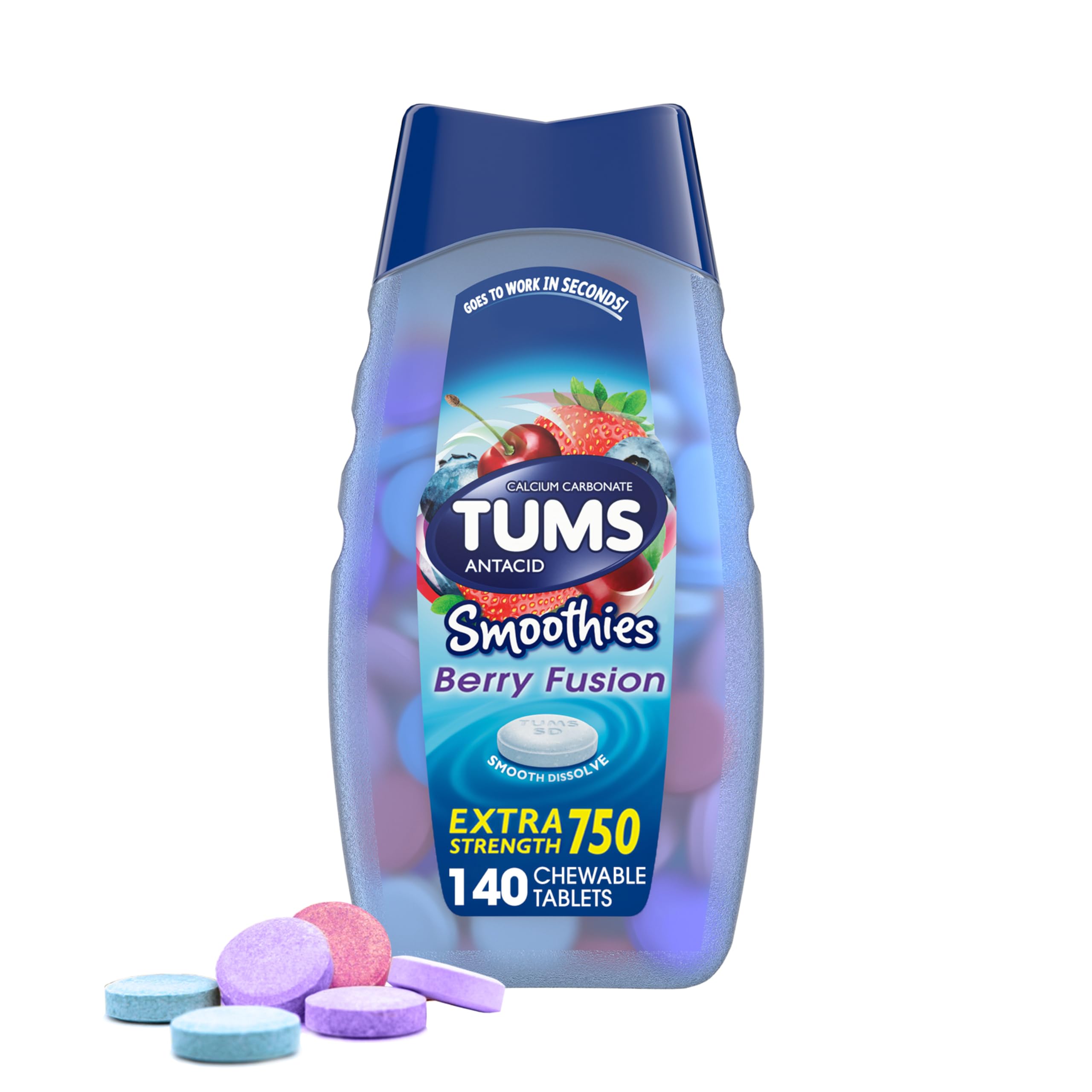 TUMS Antacid Smoothies Berry Fusion Extra Strength 750, Smooth Dissolve - 140 Chewable Tablets