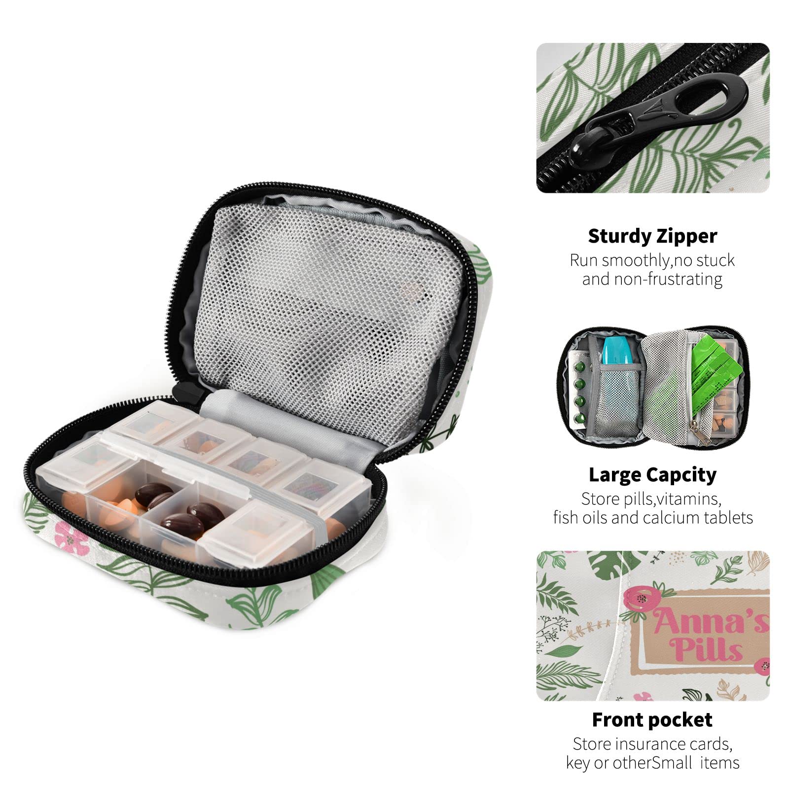 Custom Pill Box 7 Day Pill Case Bag Leaves Flowers Personalized Name Travel Pill Organizer Bag with Zipper Portable Weekly Case