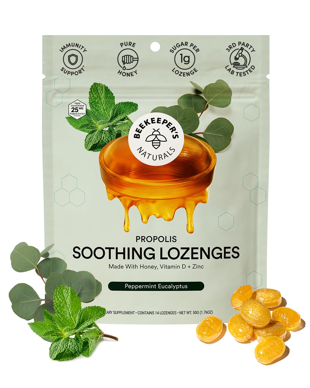 Beekeepers Naturals Soothing Mint Eucalyptus Cough Drops, Immune Support with Vitamin D, Zinc and Propolis, Cooling & Throat So