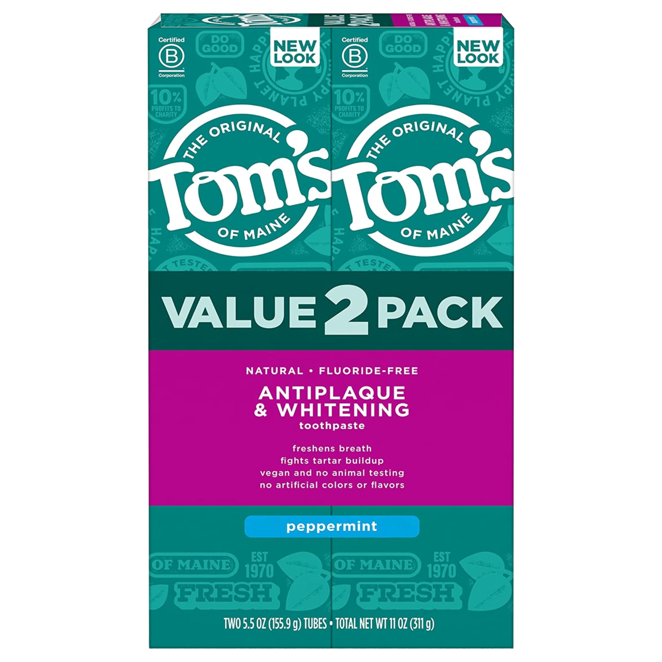 Toms of Maine Fluoride-Free Antiplaque & Whitening Natural Toothpaste, Peppermint, 5.5 oz. (Pack of 2)