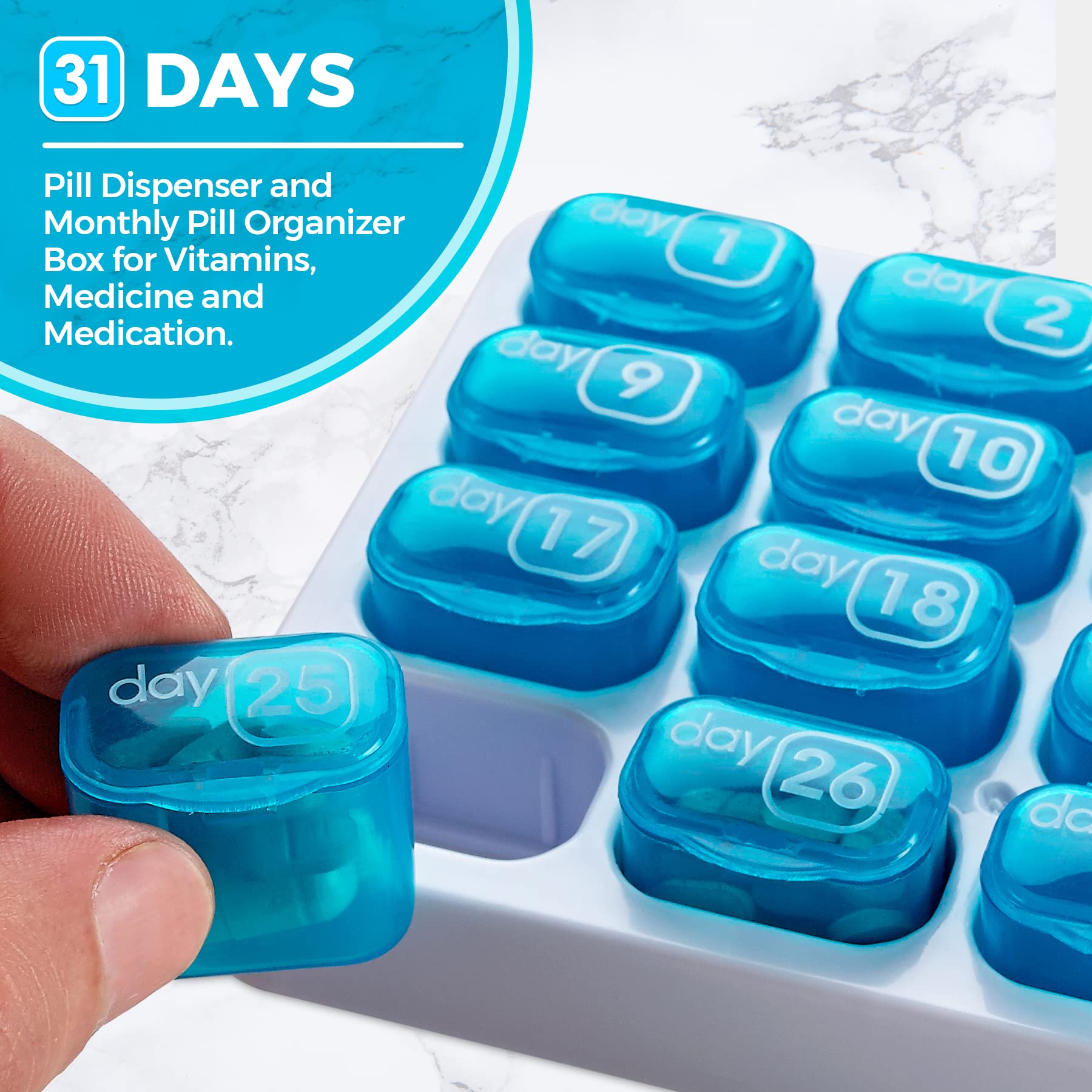 Monthly Pill Organizer - 31 Day Pill Organizer with Large Removable Medication Pods, Portable Pill Case Box and Holder for Daily