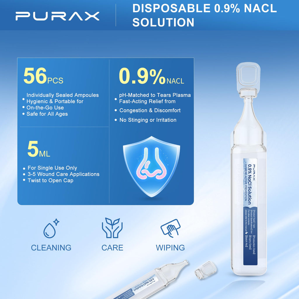PURAX Saline Solution 0.9%,Nasal Cleanse for Babies, Kids and Adults, Isotonic Saline Solution for Eye Care, Wound Cleansing - 5