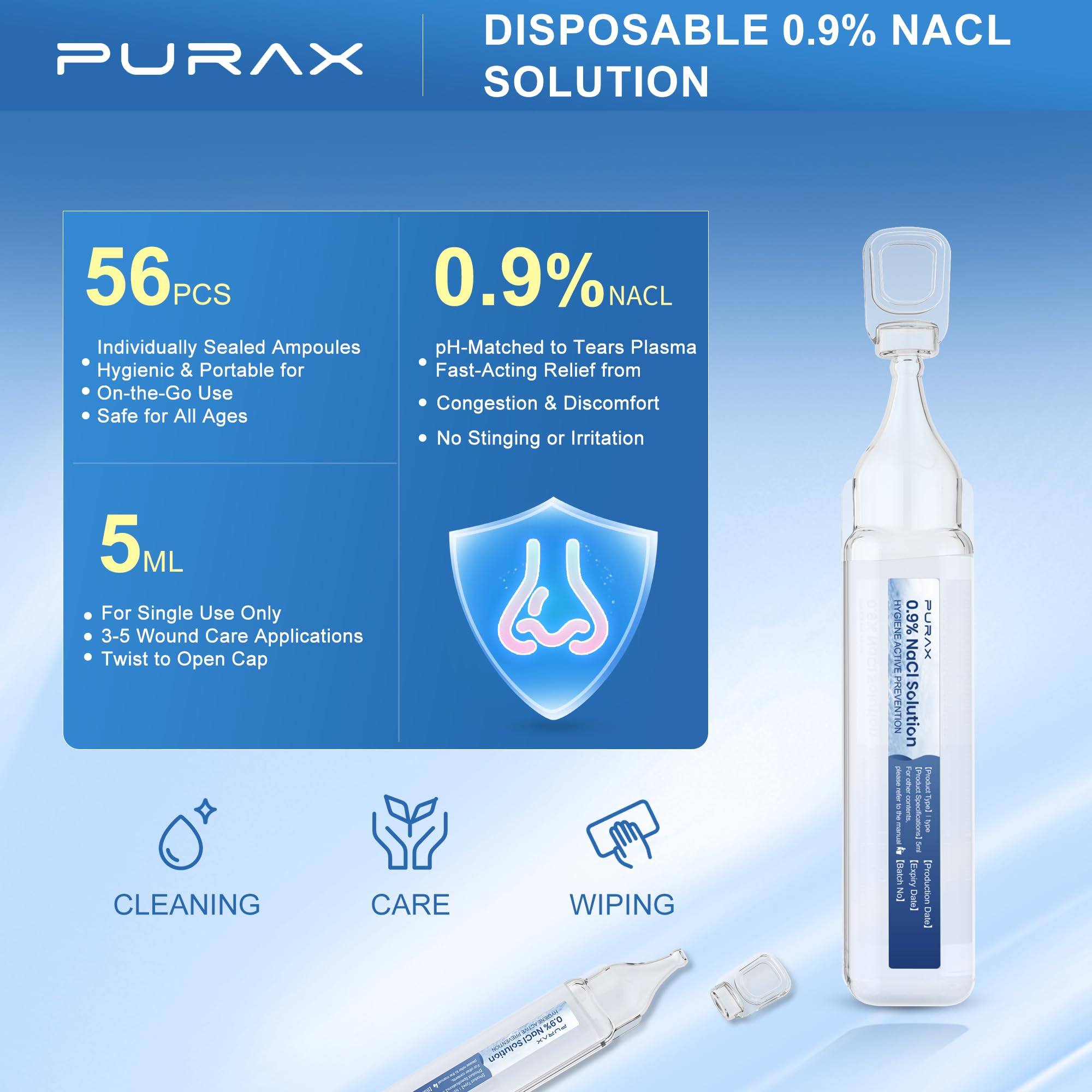PURAX Saline Solution 0.9%,Nasal Cleanse for Babies, Kids and Adults, Isotonic Saline Solution for Eye Care, Wound Cleansing - 5