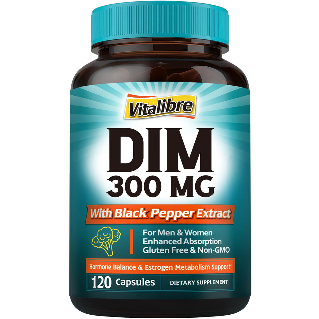 Vitalibre DIM Supplement for Women & Men, Estrogen Metabolism, Hormone Balance & Menopause Support, DIM 300 mg with Black Pepper