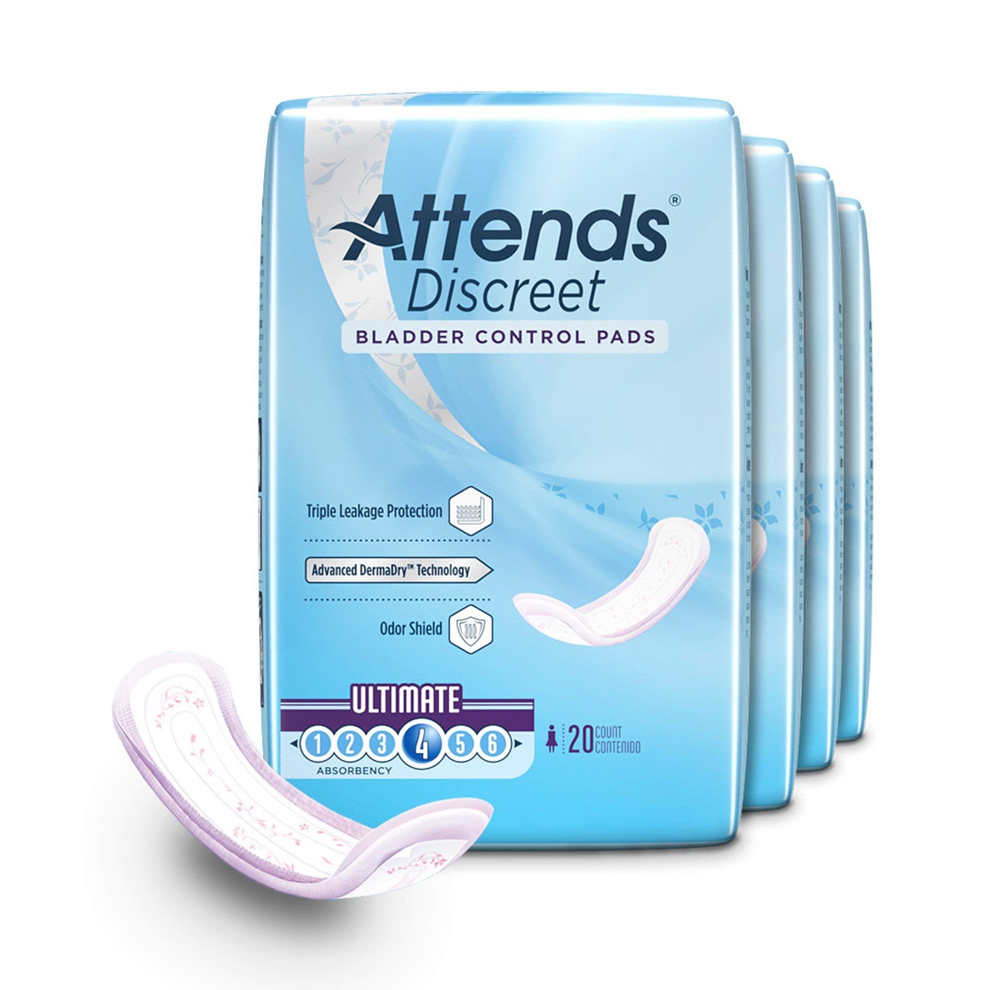 Attends Discreet Incontinence Care Women's Bladder Control Pads with Advanced DermaDry Technology, Ultimate Absorbency, 15'' Lon