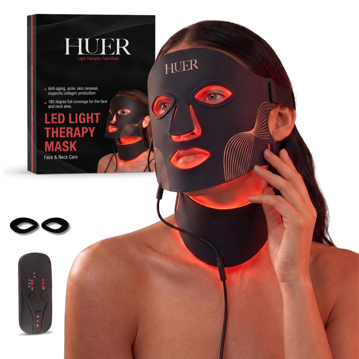 HUER LED Red Light Therapy Mask for Face and Neck, 7 Color Modes & 309 LEDs, Flexible Silicone Rechargeable Facial Skin Care Dev