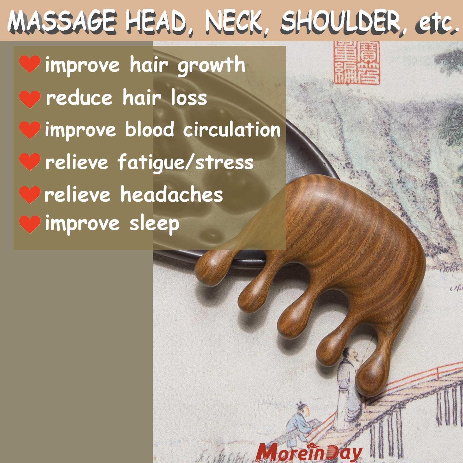 Moreinday Wooden Scalp Massager Comb, Green Sandalwood Handmade Massage Comb for Hair Growth and Scalp Relax, Loc Comb for Siste