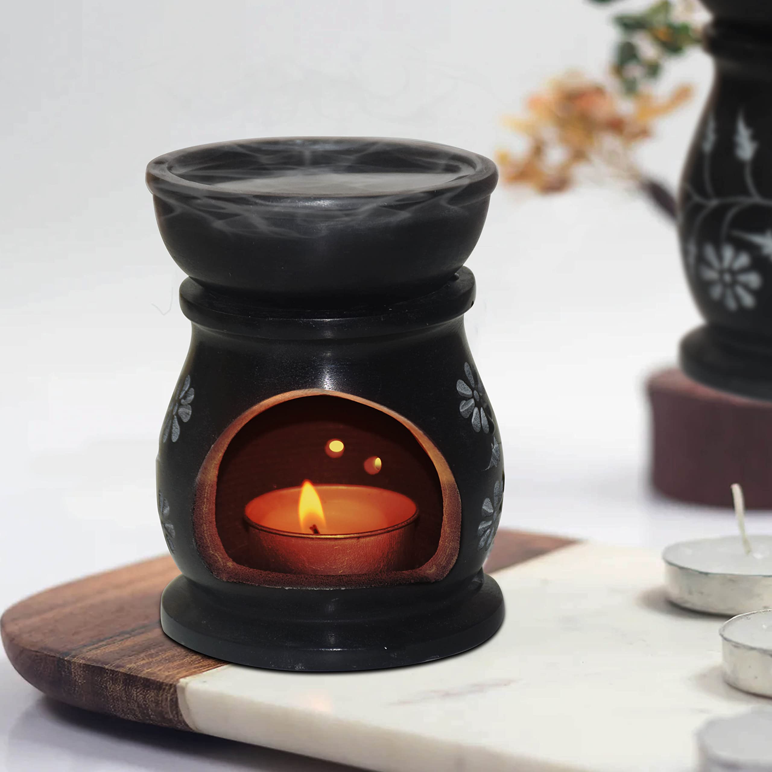 Pure Source India Handcrafted Soapstone Aroma Burner Oil Diffuser and 1 Tea Light Candle (Black)