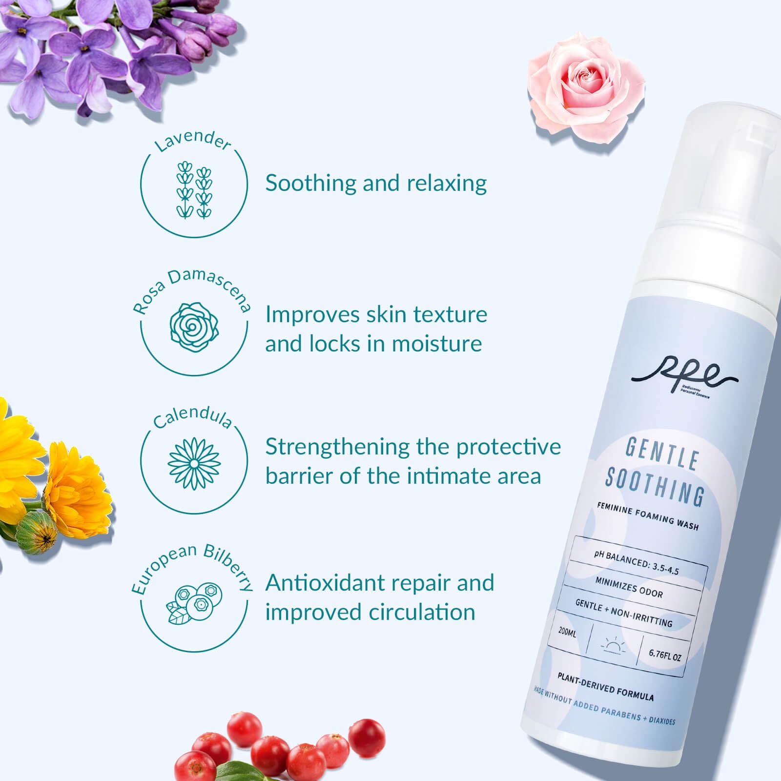 RPE Life Soothing Foaming Feminine Wash for Women Ph Balance - Gentle Plant-Based Body Wash for Sensitive Skin - Vaginal Reduces