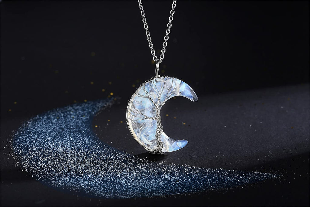 MAIBAOTA Opal Stone Necklace Healing Crystals Tree Life Wire Wrapped Crescent Moon Phase Pendant Necklace Mothers Day Gifts for