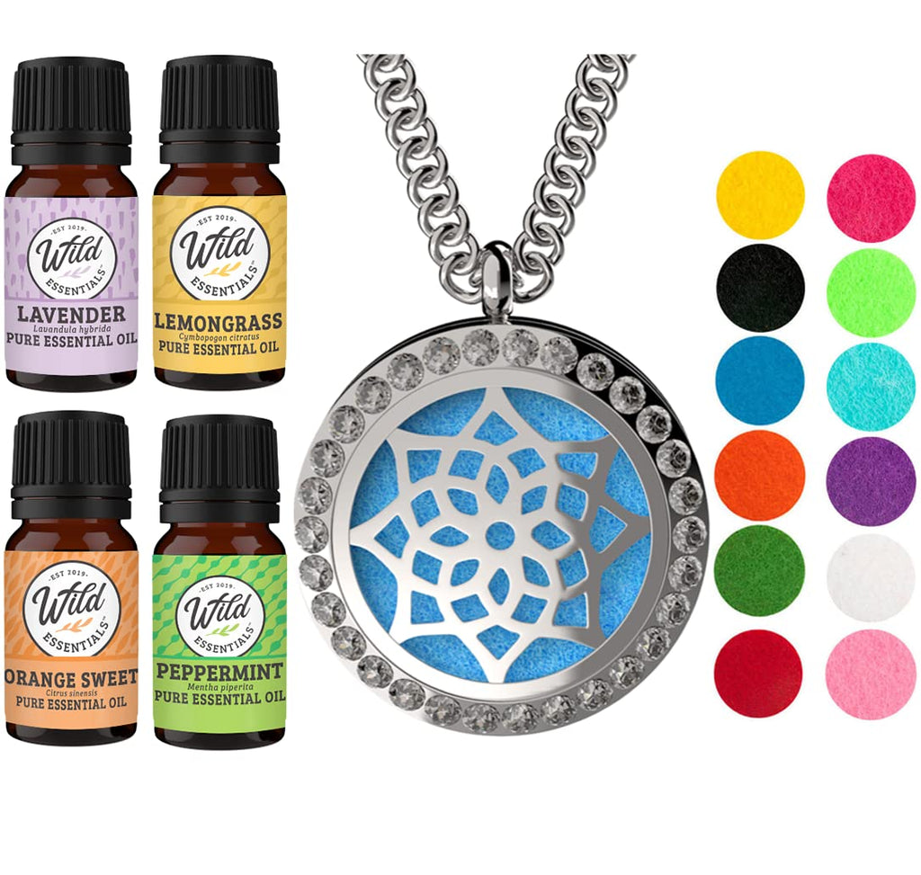 Wild Essentials CZ Flower Necklace Essential Oil Diffuser Kit with Lavender, Lemongrass, Peppermint, Orange Oils, 12 Refill Pads