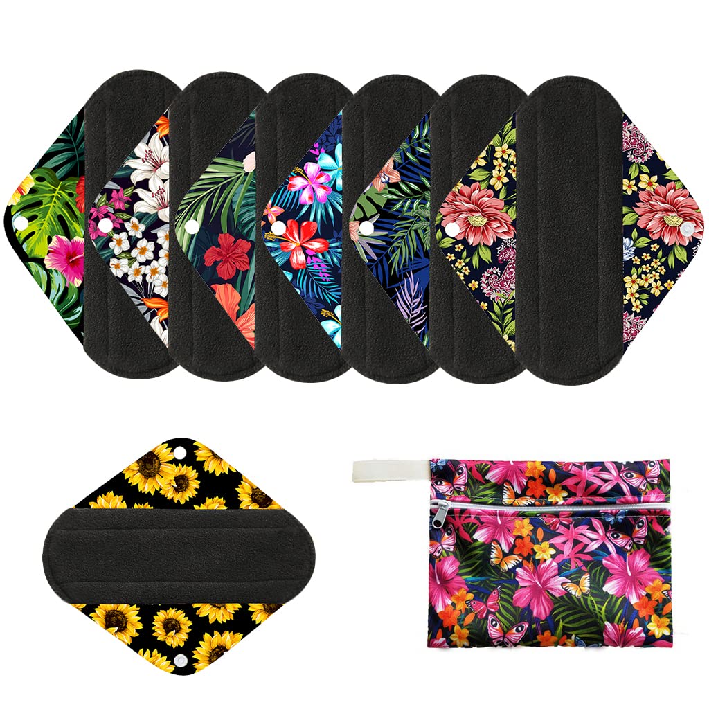 7pcs/Set Including 1pc Mini Wet Bag +6pcs Bamboo Charcoal Cloth Menstrual Pads/Reusable Sanitary Pads/Mama Panty Liners (All Ran