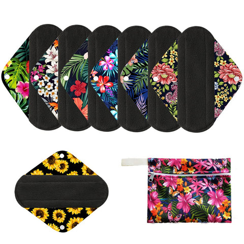7pcs/Set Including 1pc Mini Wet Bag +6pcs Bamboo Charcoal Cloth Menstrual Pads/Reusable Sanitary Pads/Mama Panty Liners (All Ran