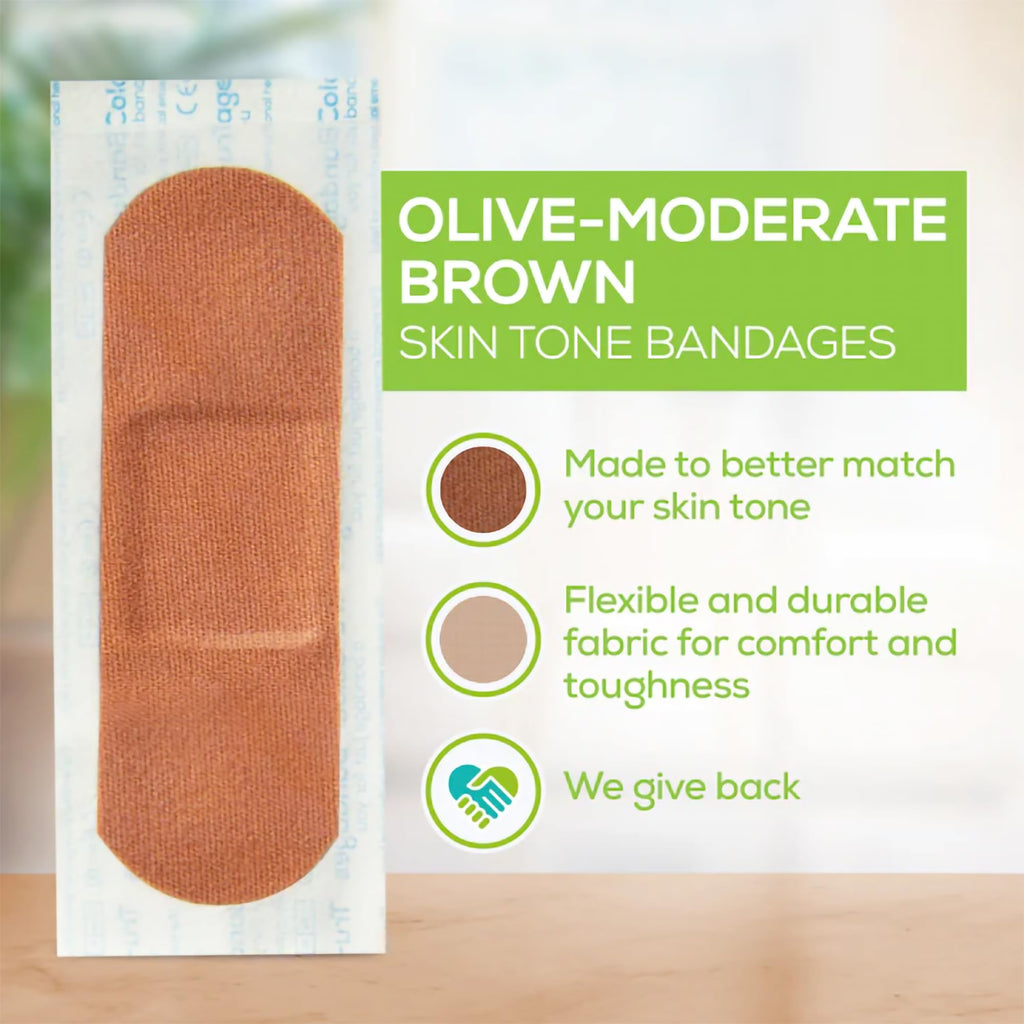 Tru-Colour Skin Tone Bandages Variety Pack - Flexible Fabric Adhesive Strips, Fingertip, Knuckle Bandages - Olive, 2 Pack, 50 Co