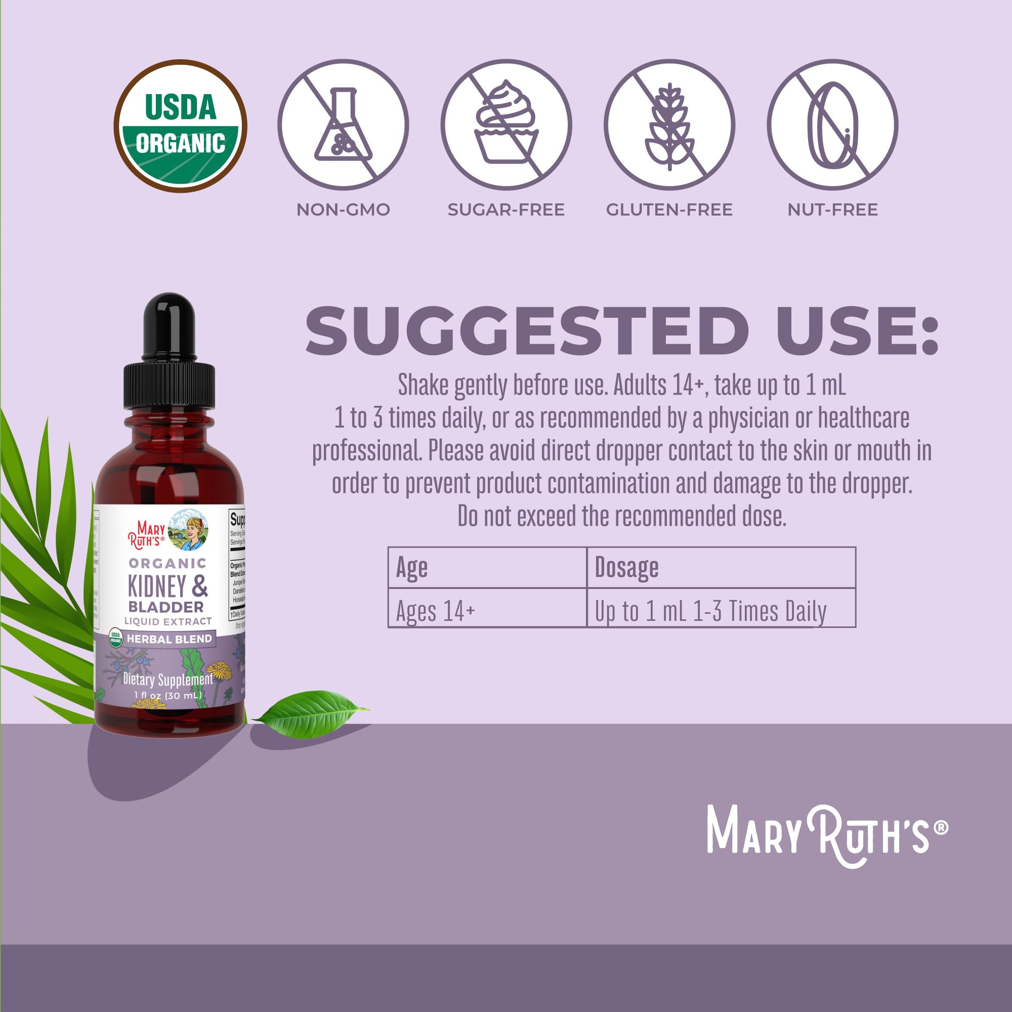 MaryRuth Organics Herbal Supplement Drops | Support Renal & Urinary Systems | Juniper Berry | Cleavers | Dandelion | Hawthorn |