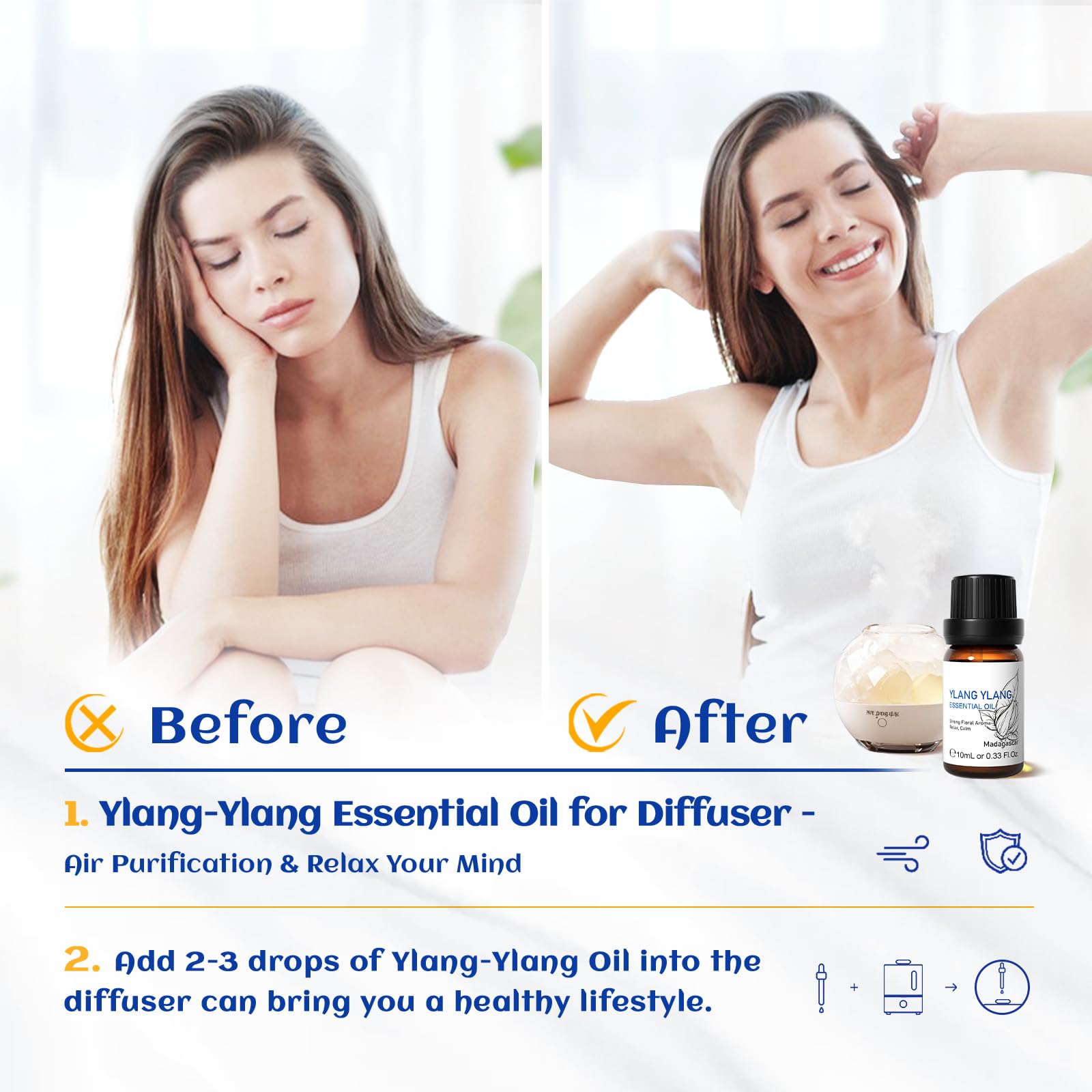 HIQILI 0.33 Fl Oz Ylang-Ylang Essential Oil, Long-Lasting Scent for Diffusers, Perfumes, Aromatherapy, DIY - 10 ML