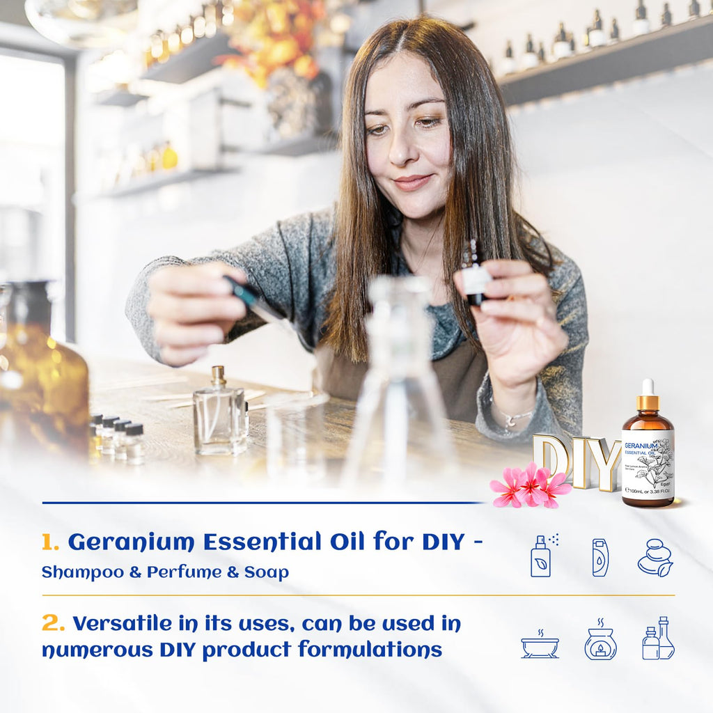 HIQILI 100ML Geranium Essential Oil for Skin, Diffuser & Candle, 100% Pure and Natural - 3.38 Fl. Oz