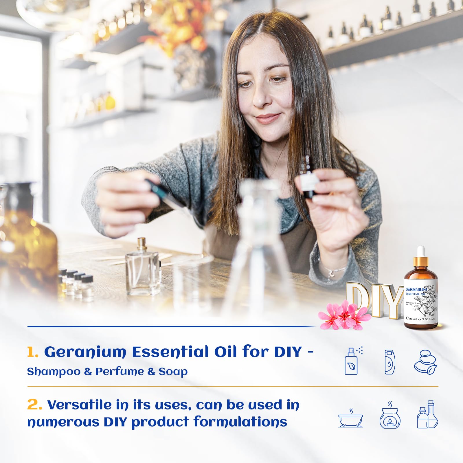 HIQILI 100ML Geranium Essential Oil for Skin, Diffuser & Candle, 100% Pure and Natural - 3.38 Fl. Oz