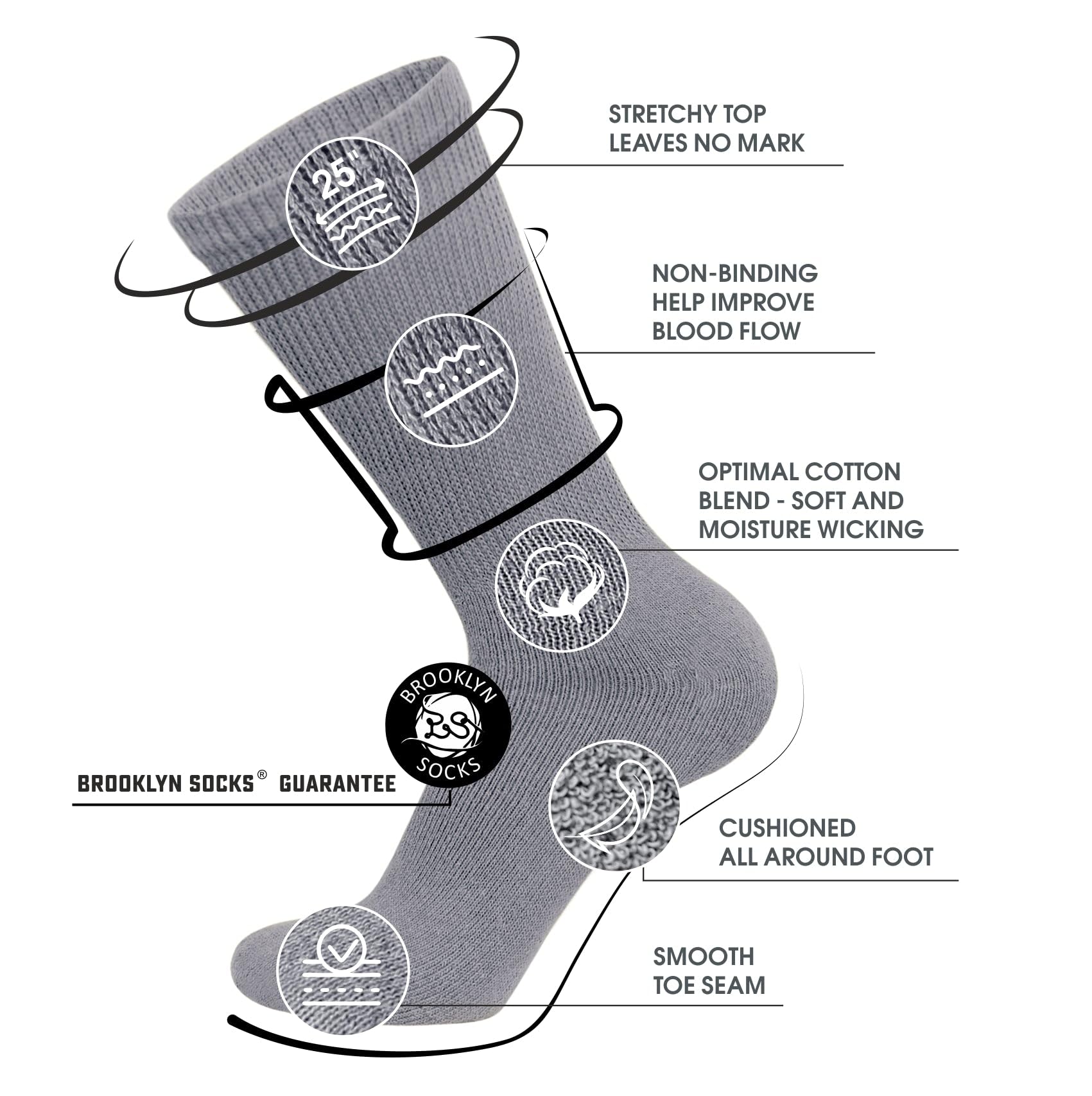 6 Pairs of Cotton Diabetic Non-Binding Neuropathy Crew Socks (Gray, Fits Mens Shoe Size 8-10/Womens shoe size 9-11)