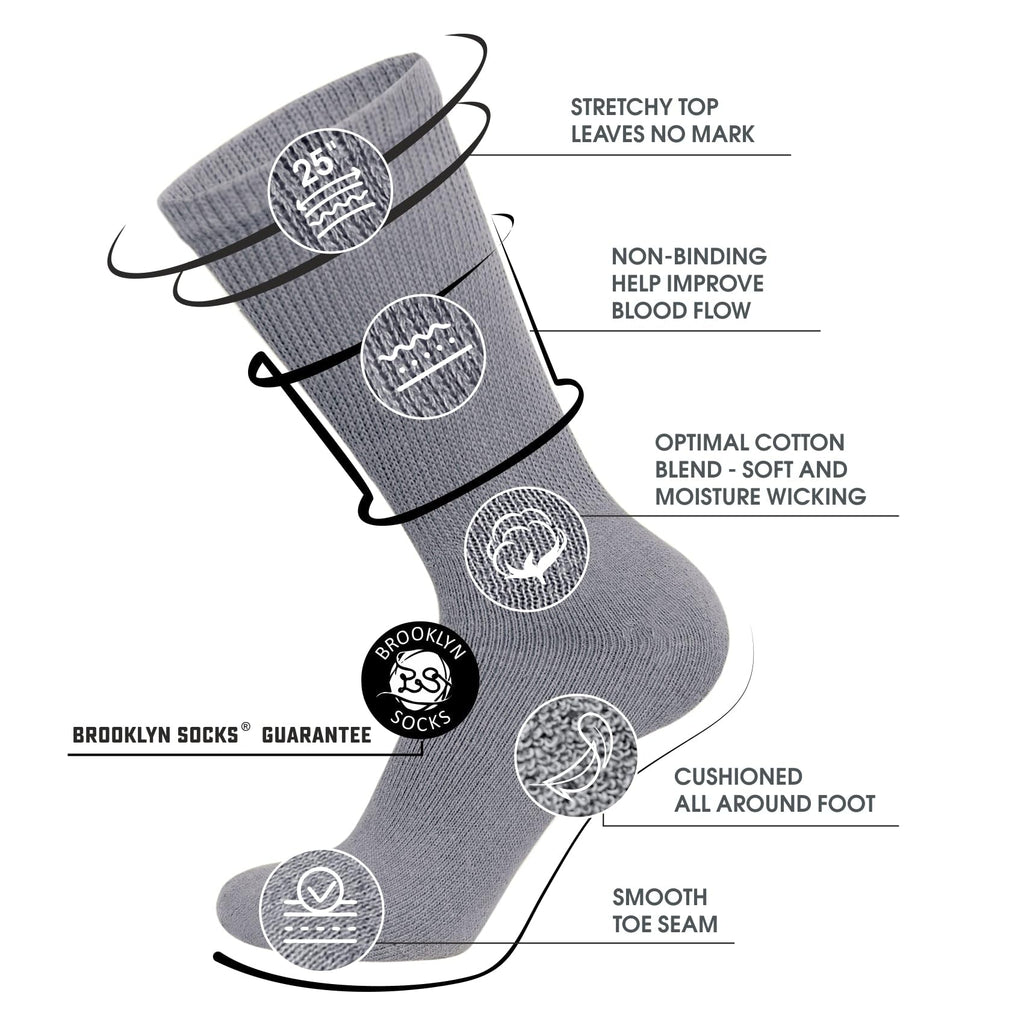 6 Pairs of Cotton Diabetic Non-Binding Neuropathy Crew Socks (Gray, Fits Mens Shoe Size 9-12/Womens Shoe Size 10-13)