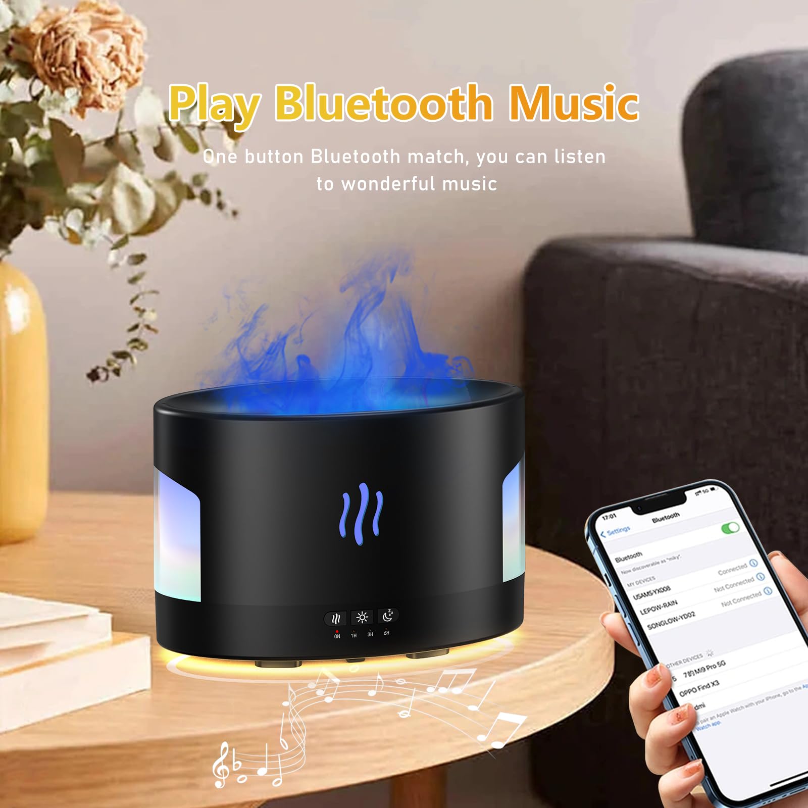 Depulat 4-in-1 7-Color Flame Aroma Essential Oil Diffuser, 450ML Quiet Humidifier for Large Room Mist Adjustable, Bluetooth Spea