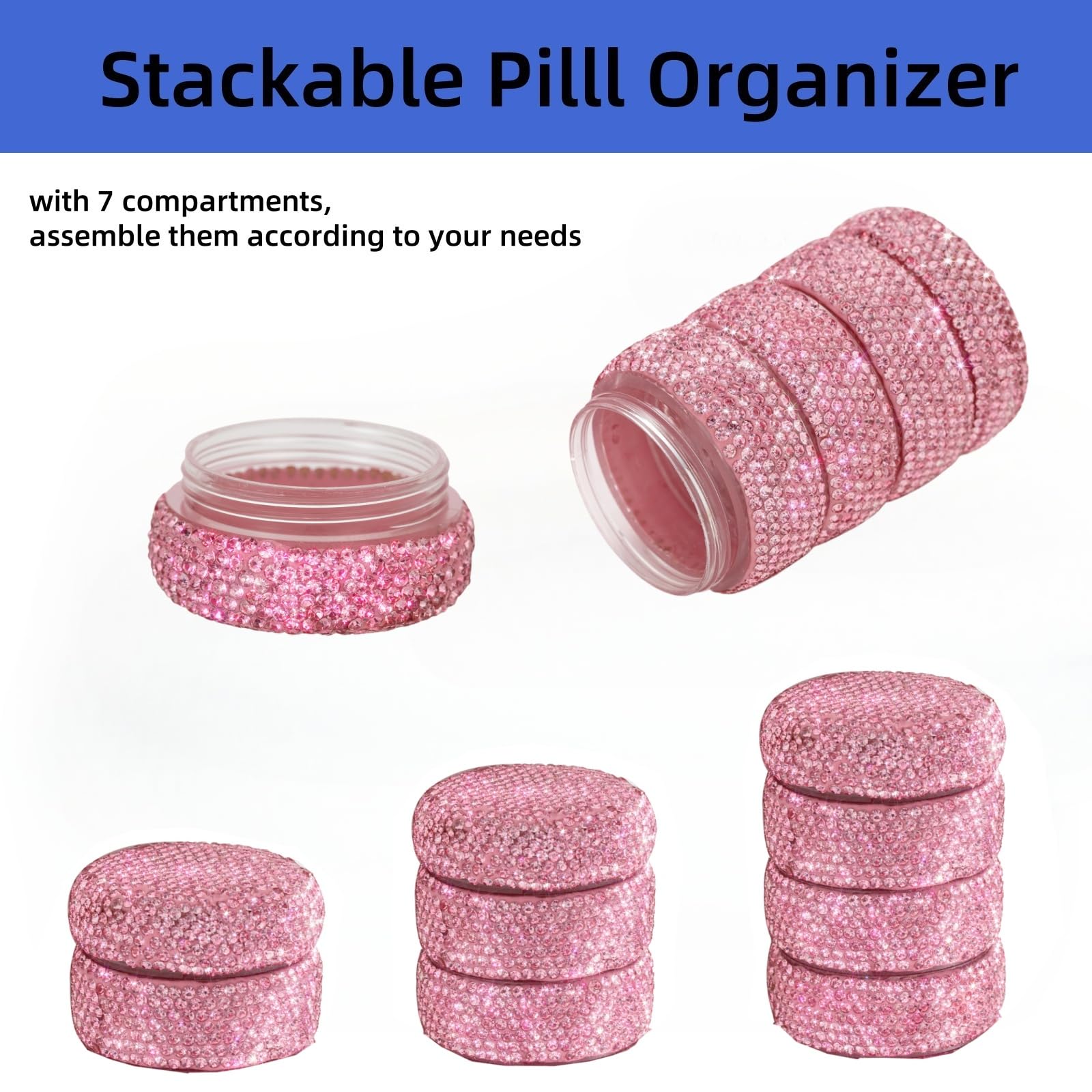 EveryBling Pill Organizer Travel Medicine Supplement Organizer Weekly Pill Box 7 Day Daily Vitamin Cases Portable Stackable Pill