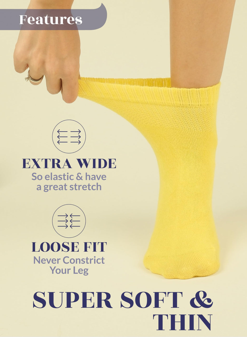 Hugh Ugoli Women Diabetic Ankle Socks, Super Soft & Thin Bamboo Socks, Wide & Loose, Non-Binding Top & Seamless Toe, 4 Pairs, Ye